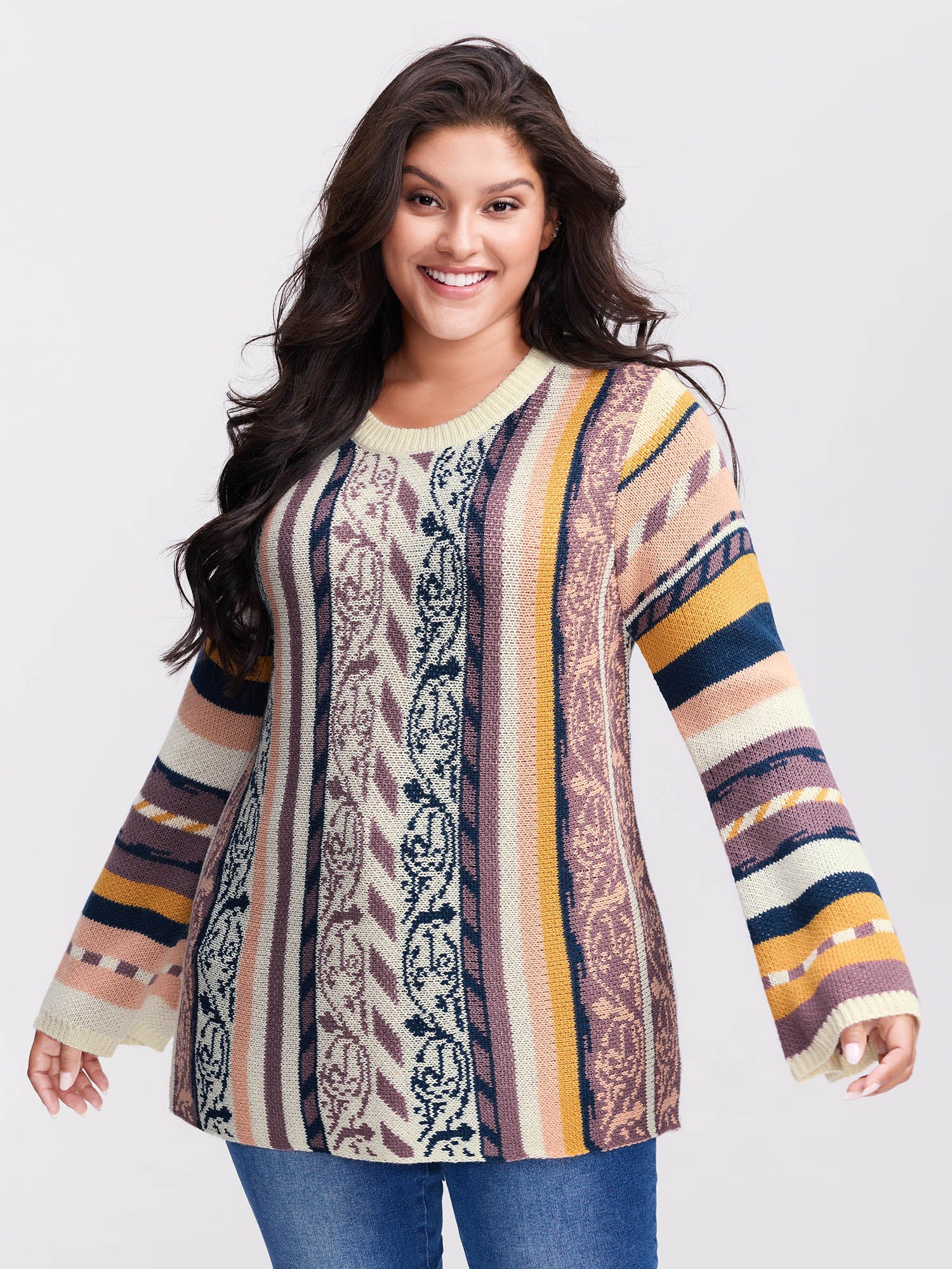 Boho Stripe Flared Sleeve Stretchy Pullover - Image 12