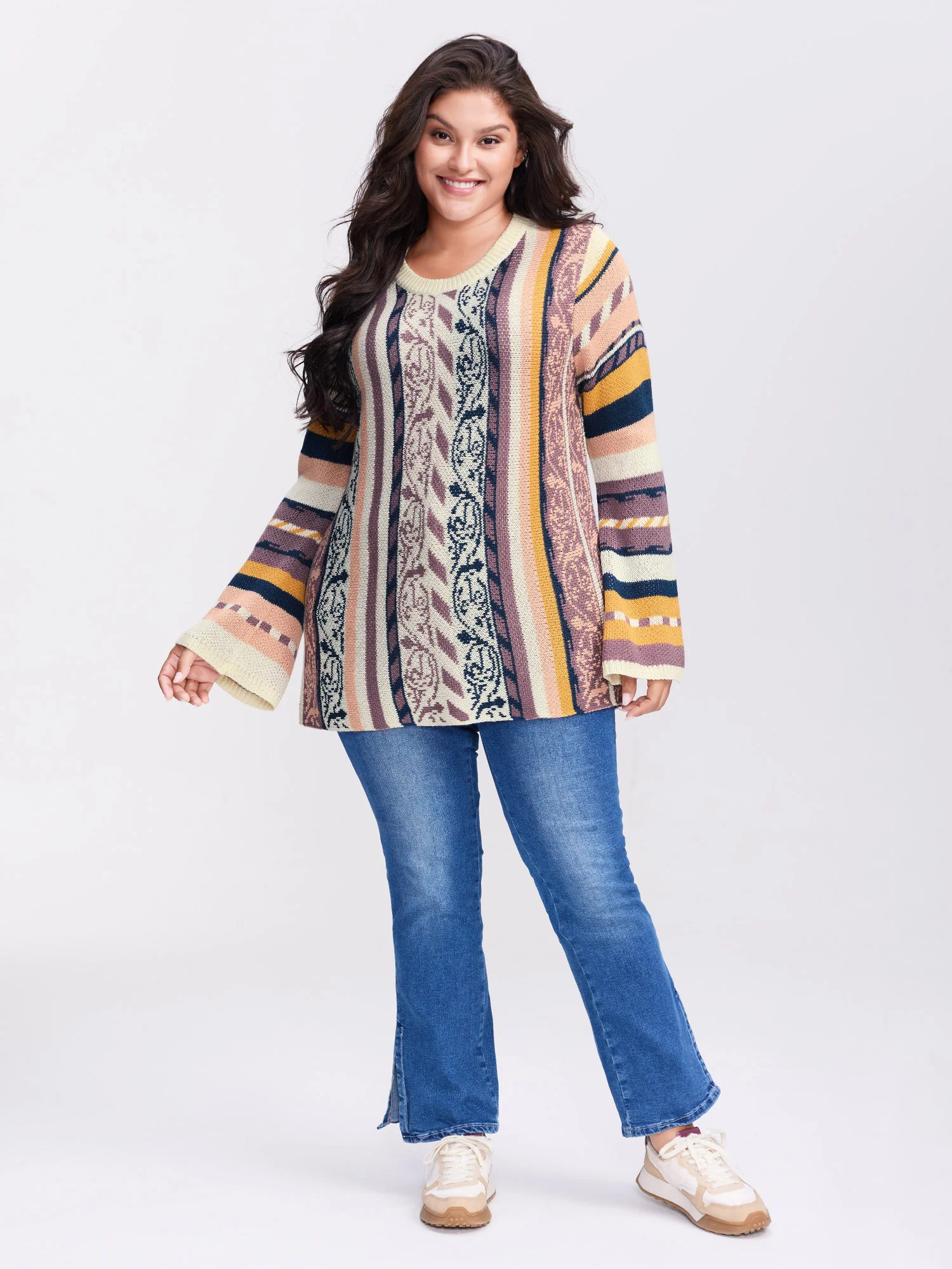 Boho Stripe Flared Sleeve Stretchy Pullover - Image 14