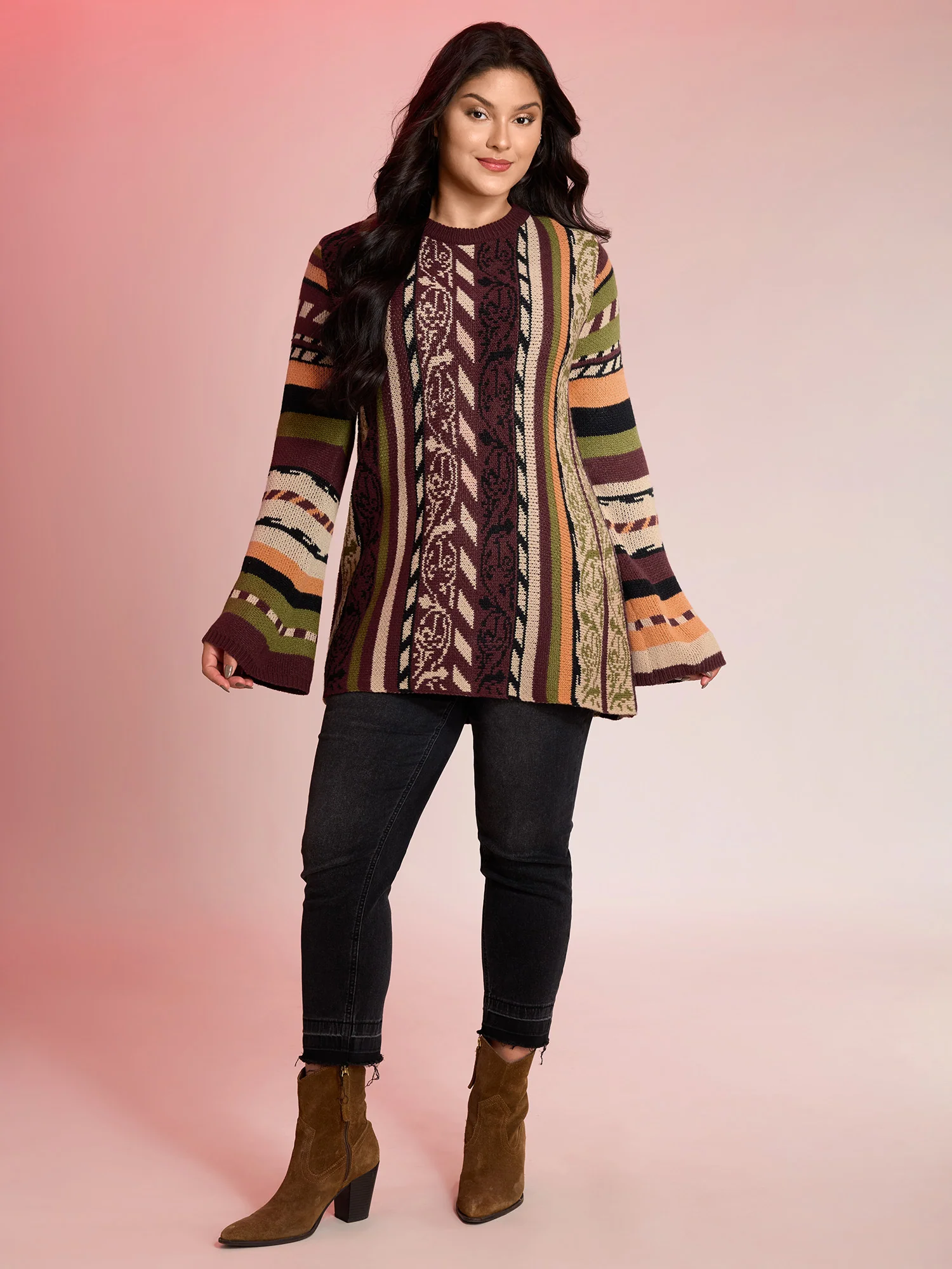 Boho Stripe Flared Sleeve Stretchy Pullover - Image 3