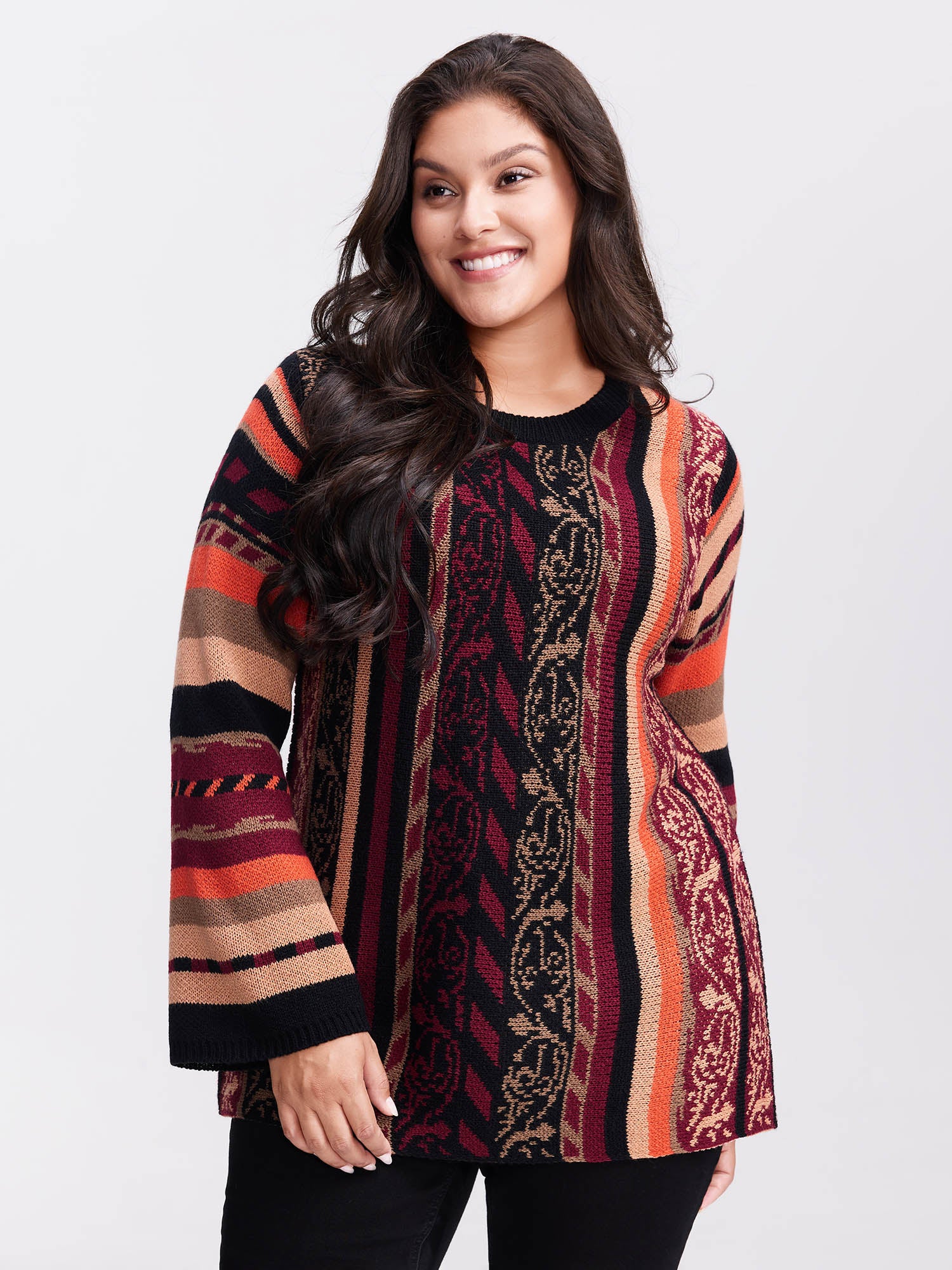 Boho Stripe Flared Sleeve Stretchy Pullover - Image 8