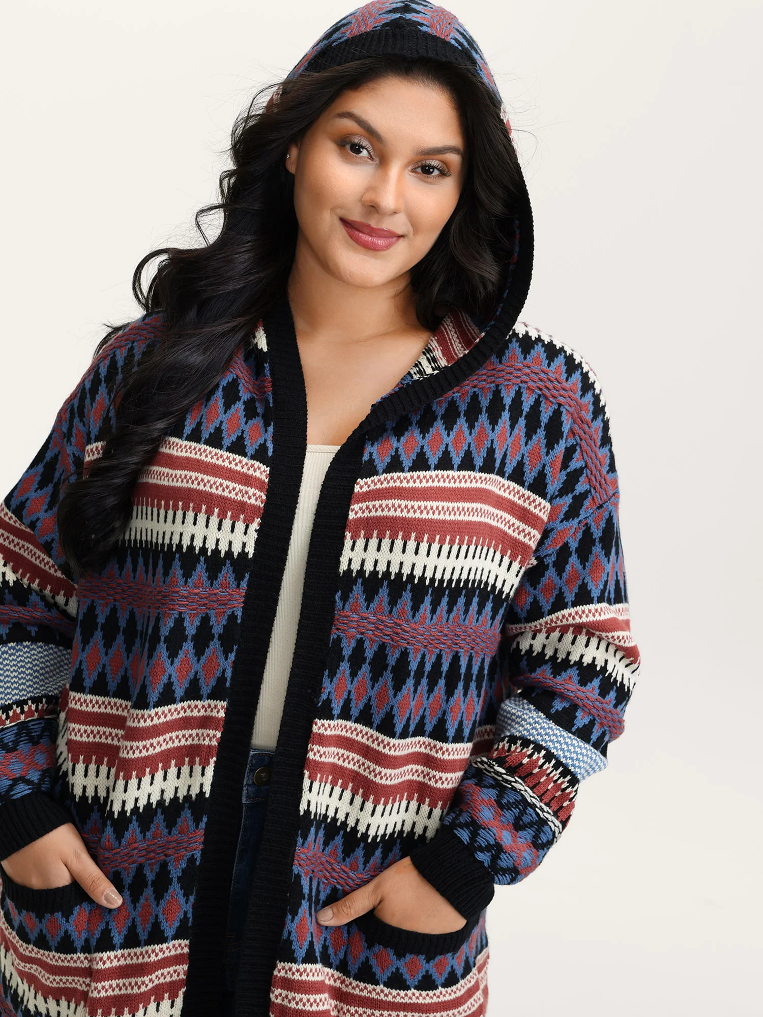 Boho Stripe Pockets Hooded Long Knit Cardigan - Image 2