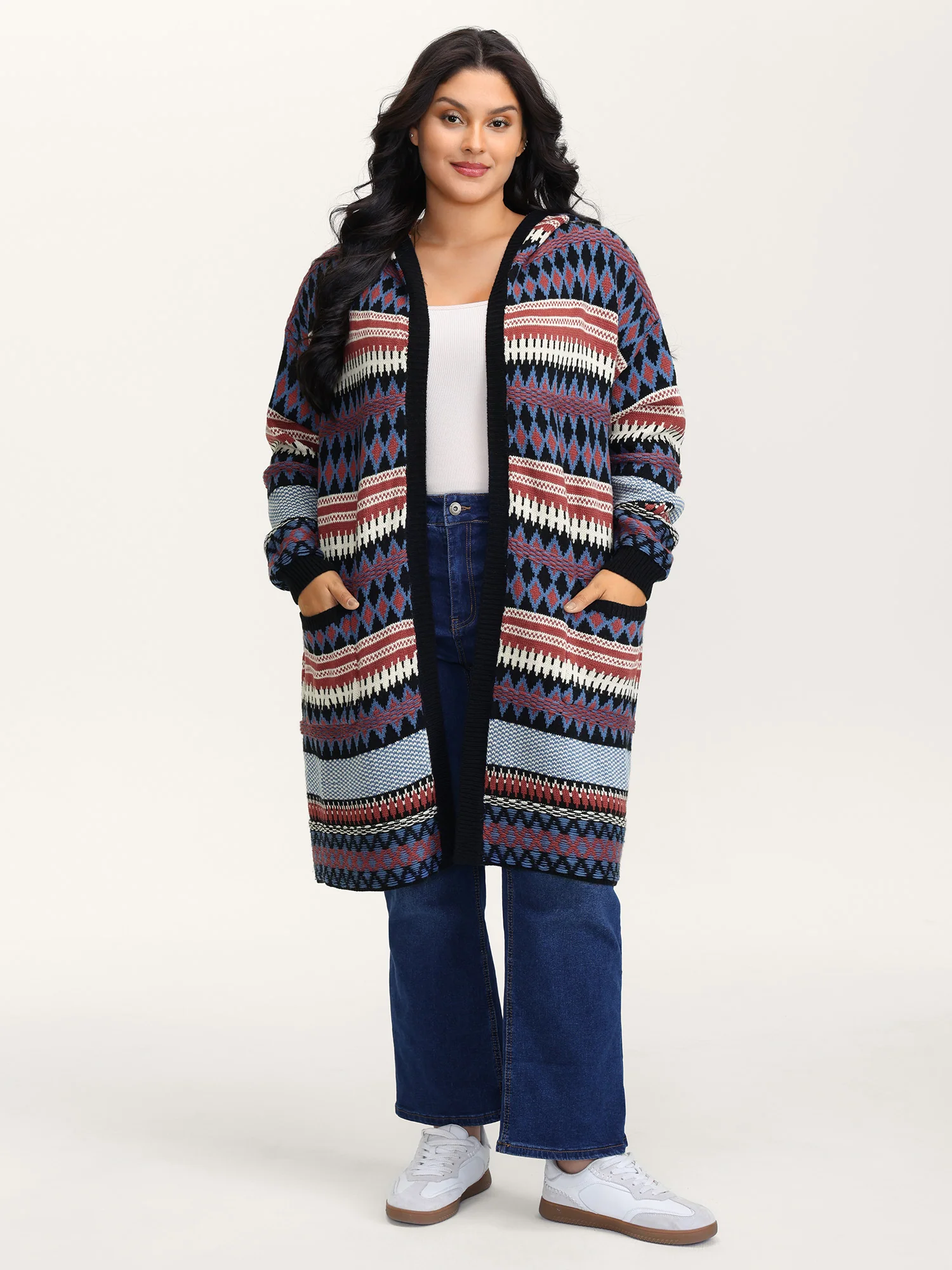 Boho Stripe Pockets Hooded Long Knit Cardigan - Image 3