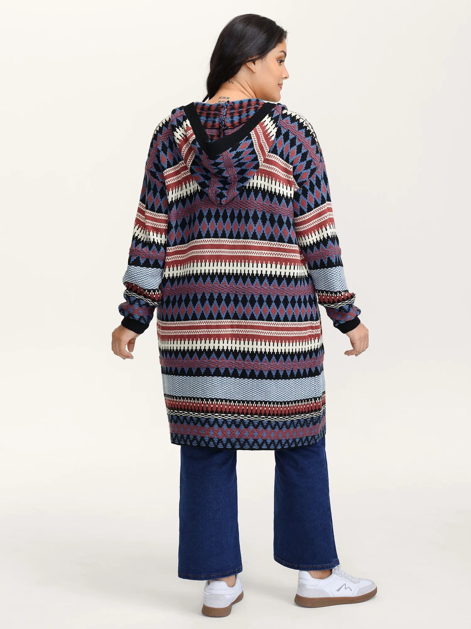 Boho Stripe Pockets Hooded Long Knit Cardigan - Image 4