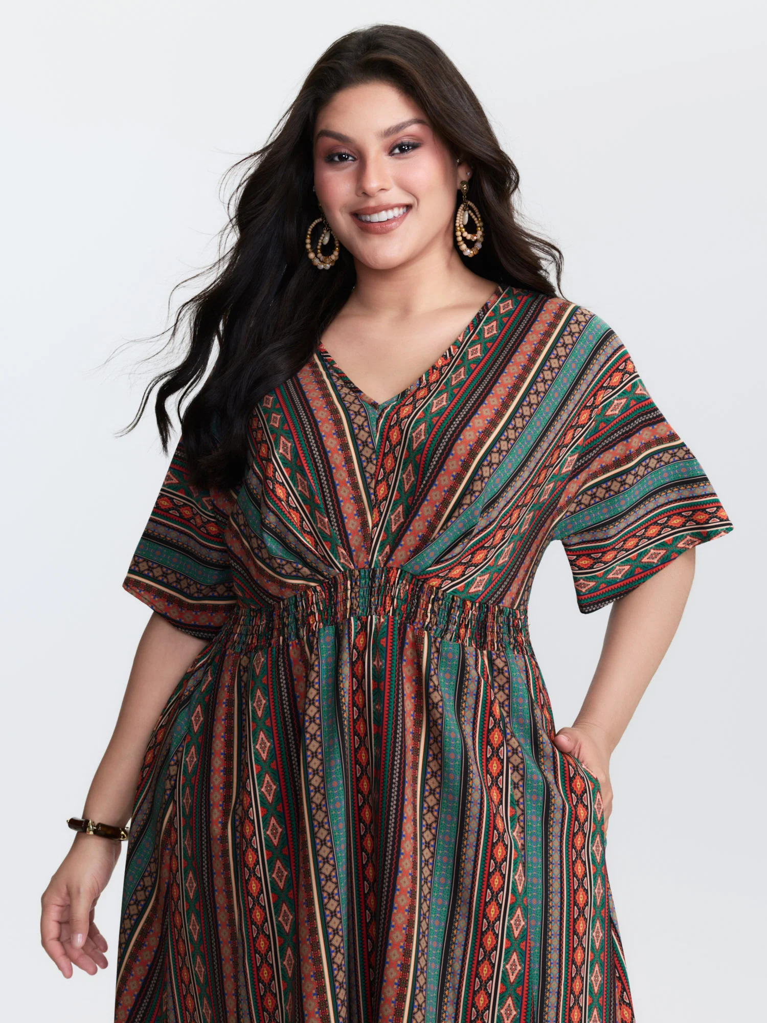 Boho Stripe Print Shirred Waist Midi Dress - Image 2