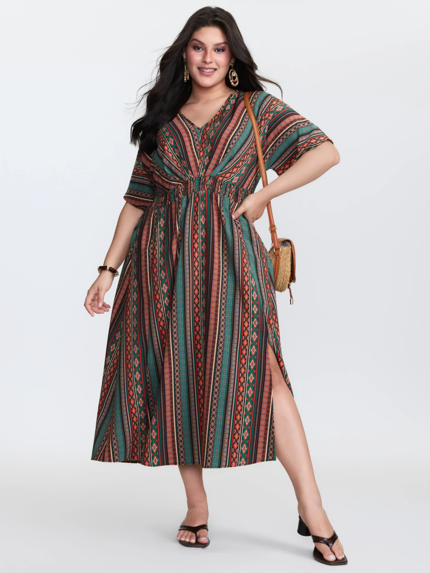 Boho Stripe Print Shirred Waist Midi Dress - Image 3