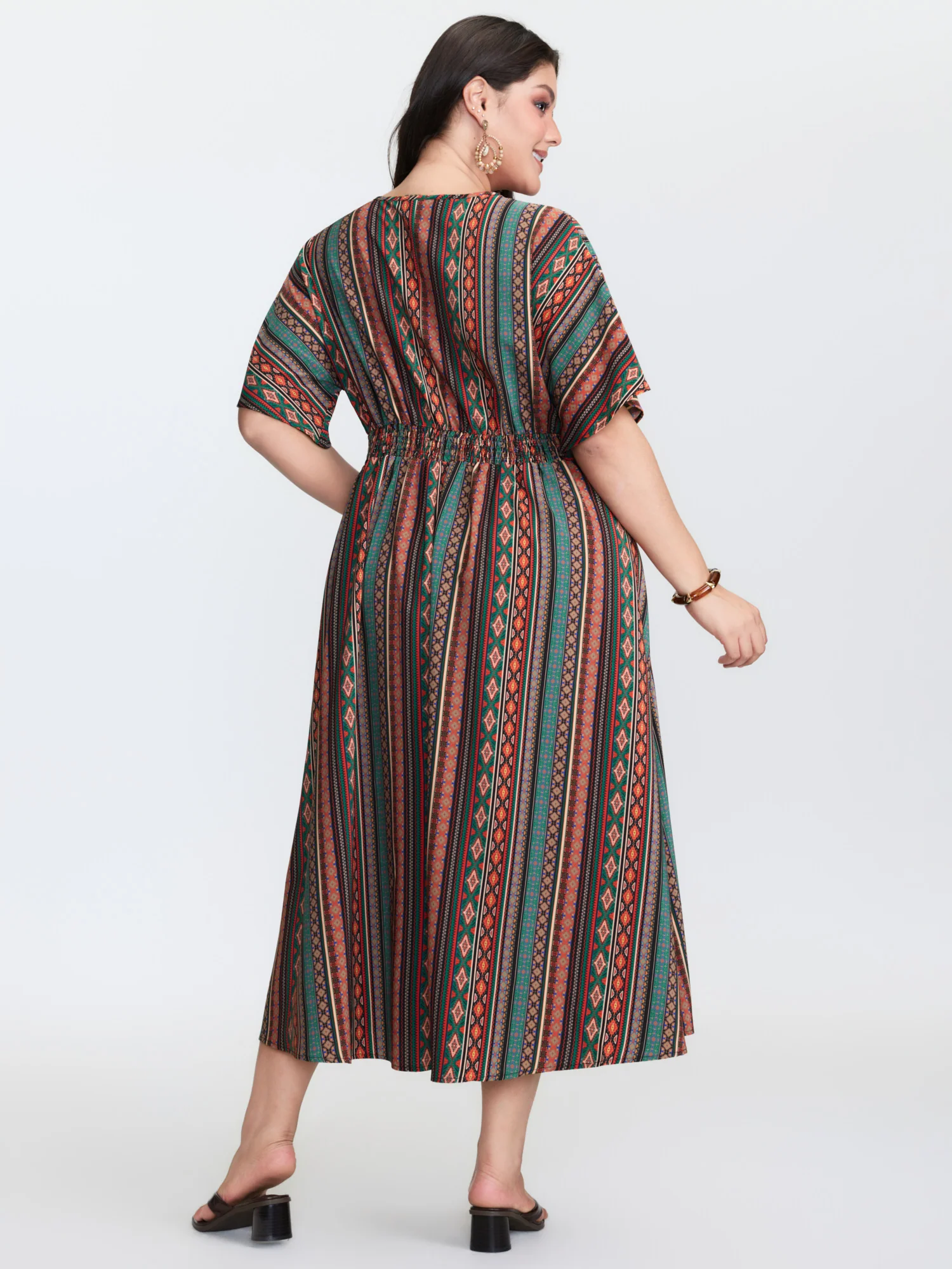 Boho Stripe Print Shirred Waist Midi Dress - Image 5
