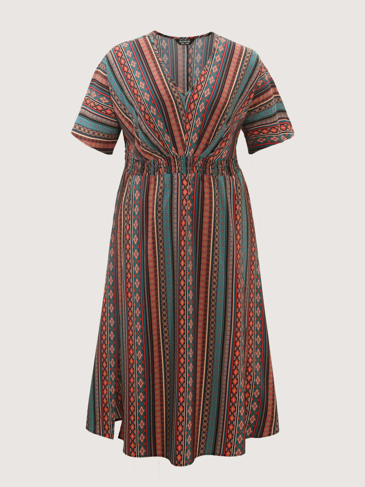 Boho Stripe Print Shirred Waist Midi Dress - Image 8