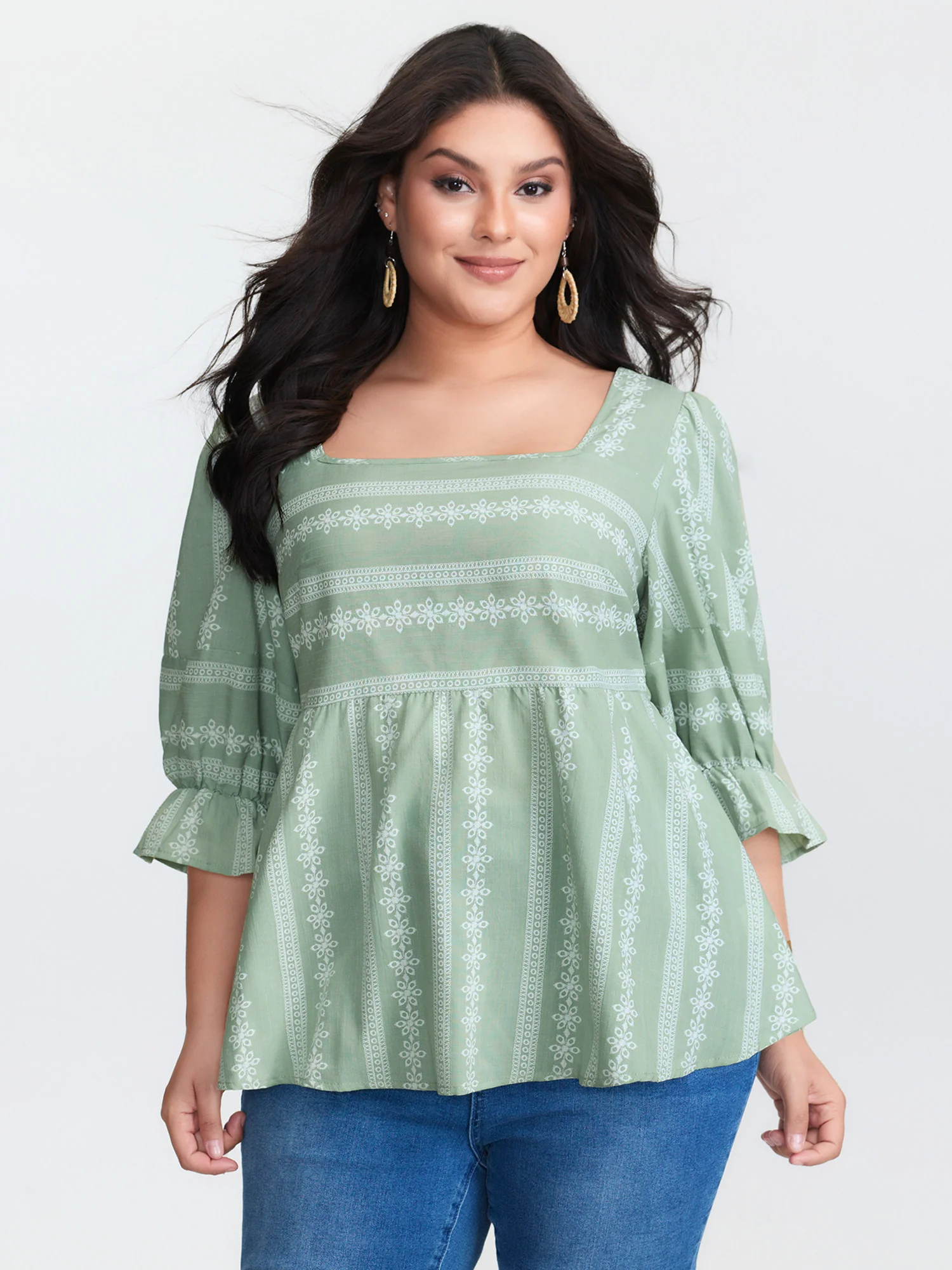Boho Stripe Print Square Neck Blouse