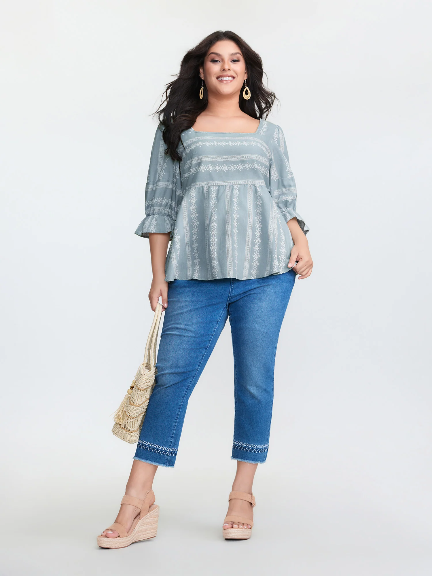 Boho Stripe Print Square Neck Blouse - Image 10