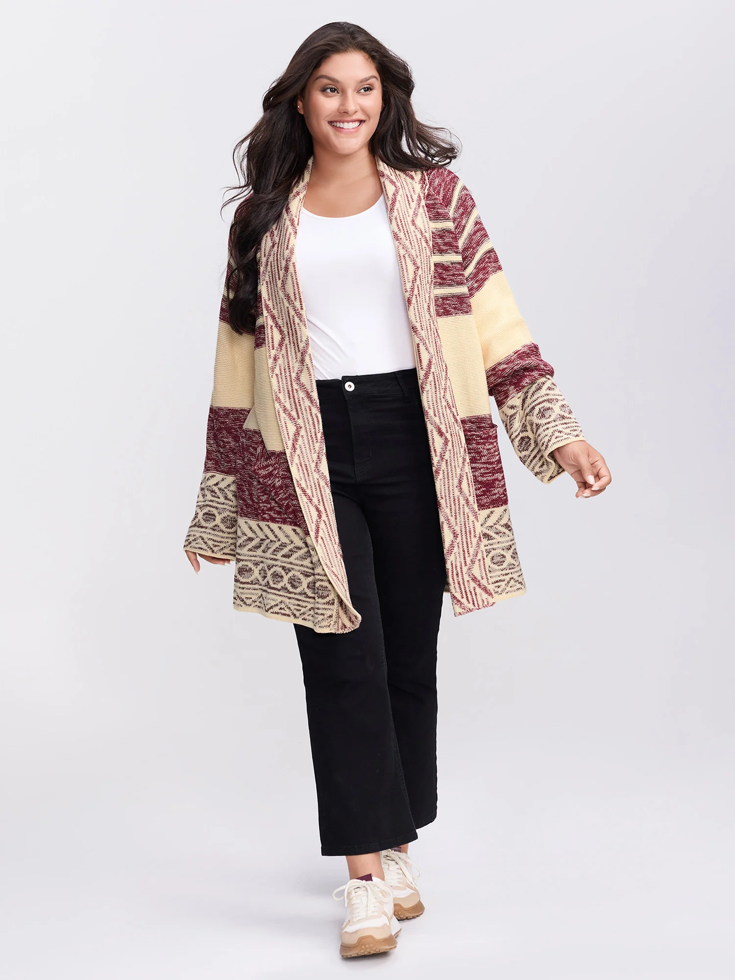 Boho Striped Jacquard Open-Front Knit Cardigan - Image 3