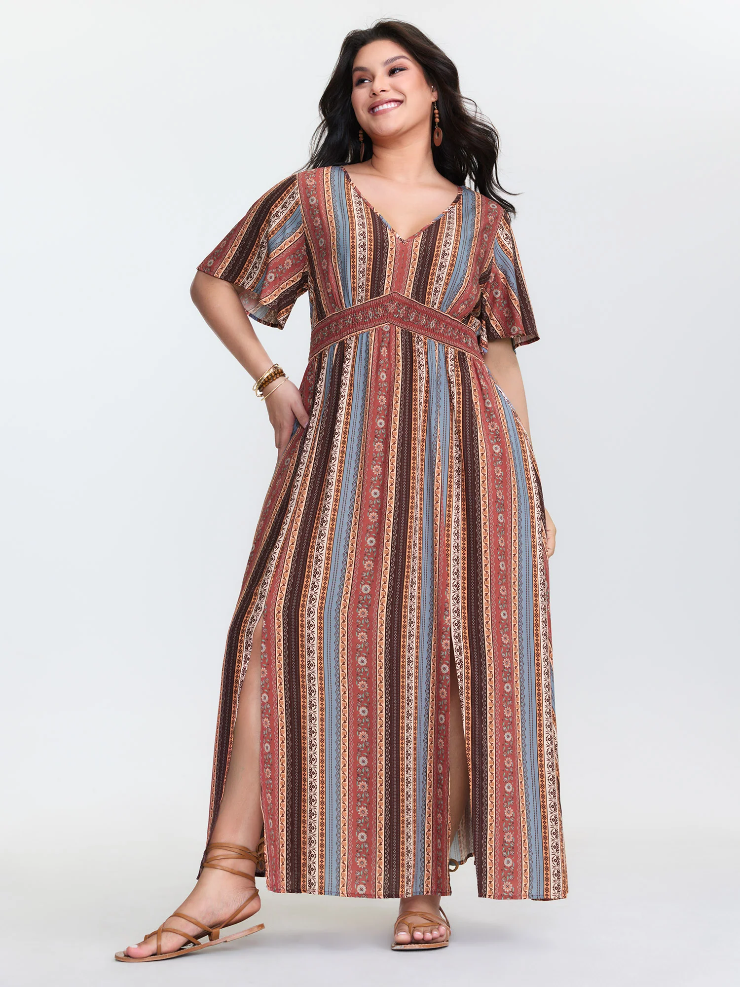 Boho Striped Print Cinched-Waist Maxi Dress - Image 2