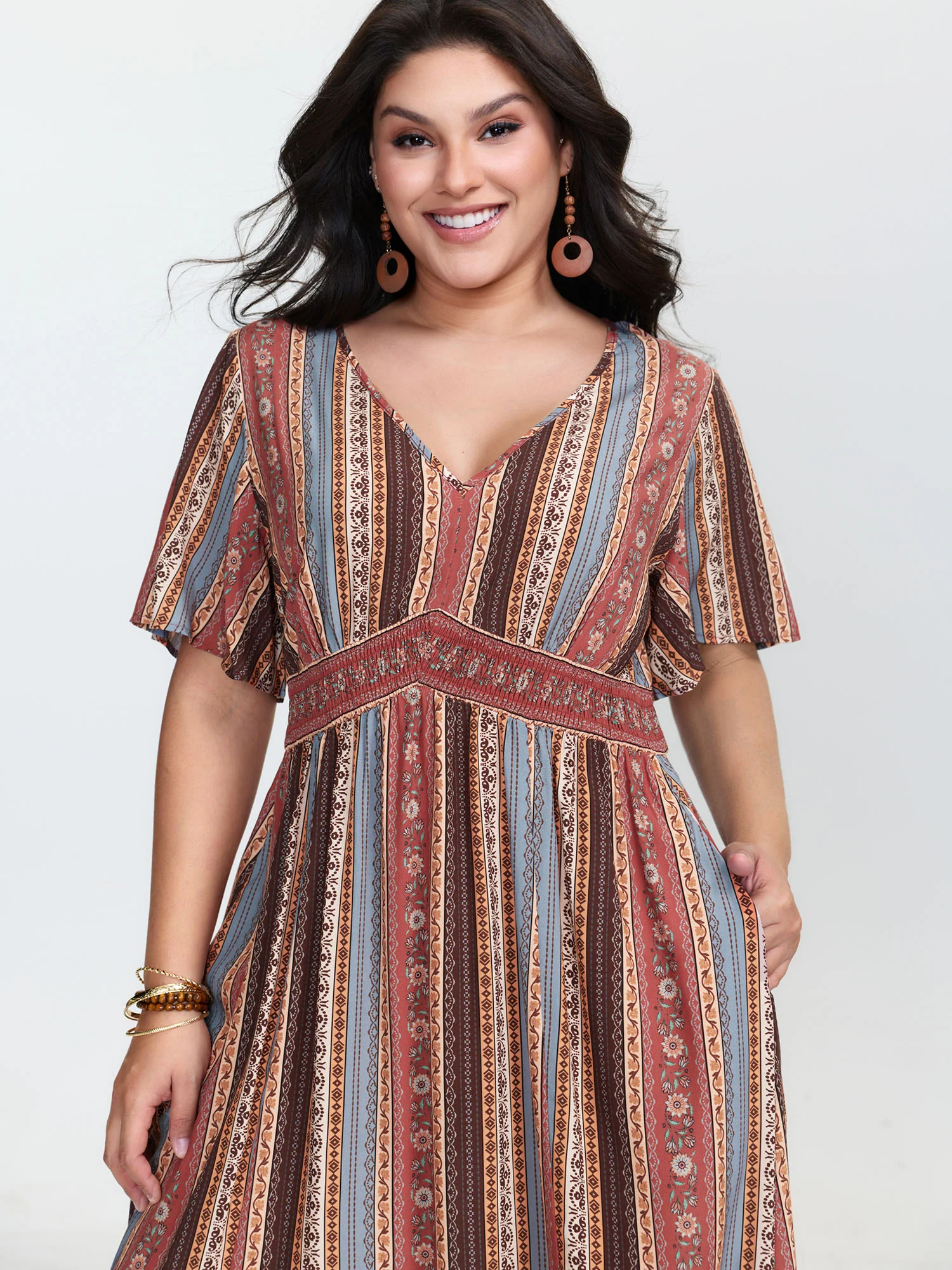 Boho Striped Print Cinched-Waist Maxi Dress - Image 3