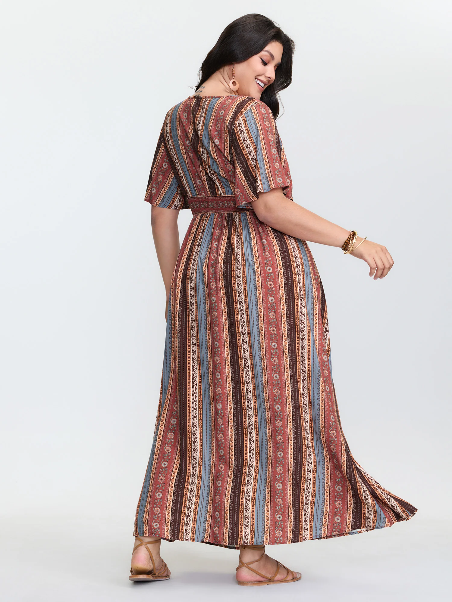 Boho Striped Print Cinched-Waist Maxi Dress - Image 4