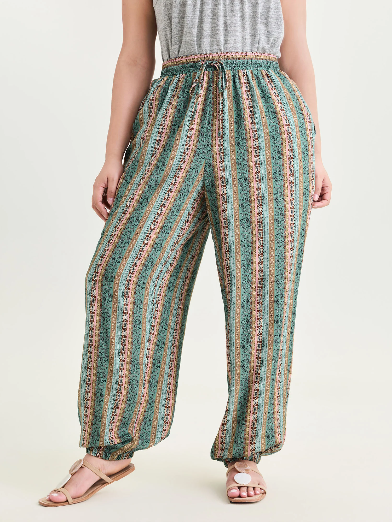 Boho Striped Print Drawstring Pants - Image 2