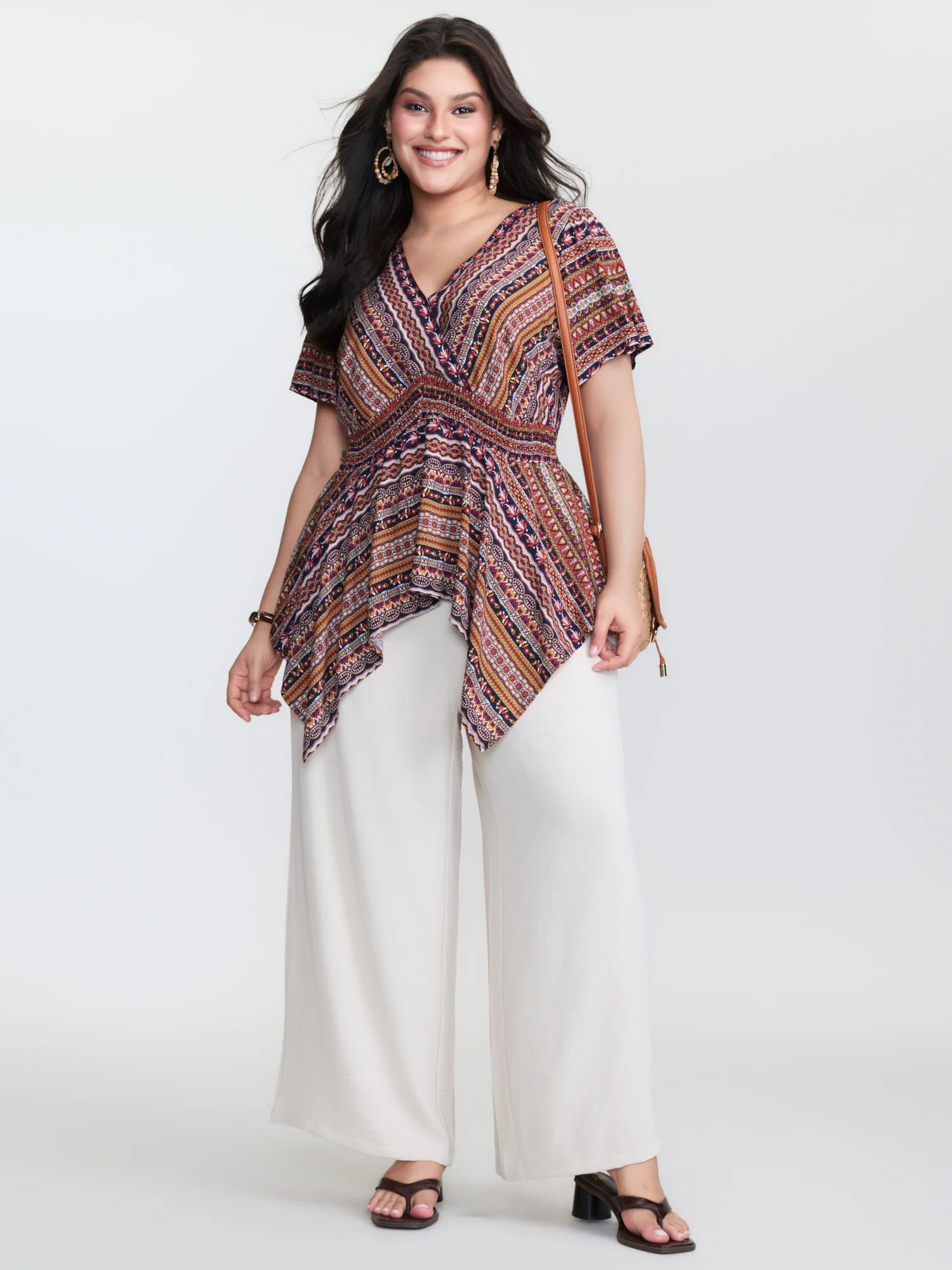 Boho Striped Print Handkerchief Hem Blouse