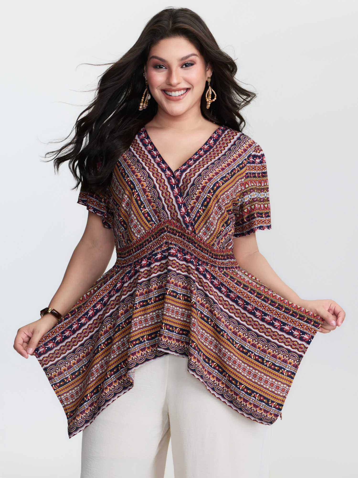 Boho Striped Print Handkerchief Hem Blouse - Image 3