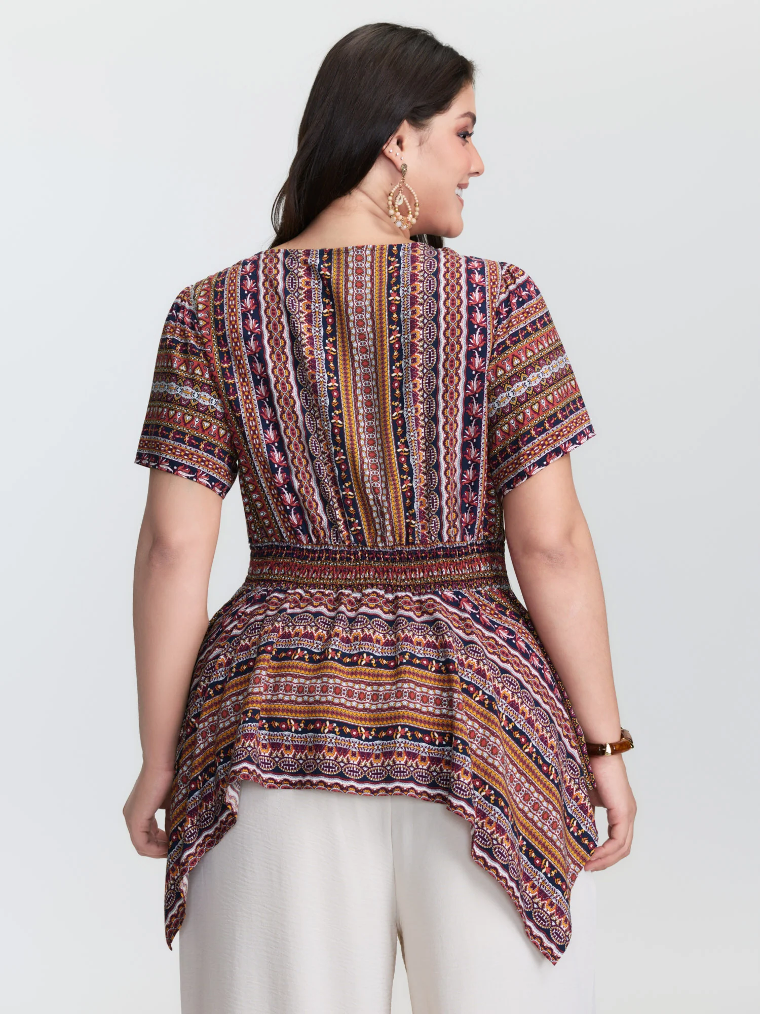 Boho Striped Print Handkerchief Hem Blouse - Image 4