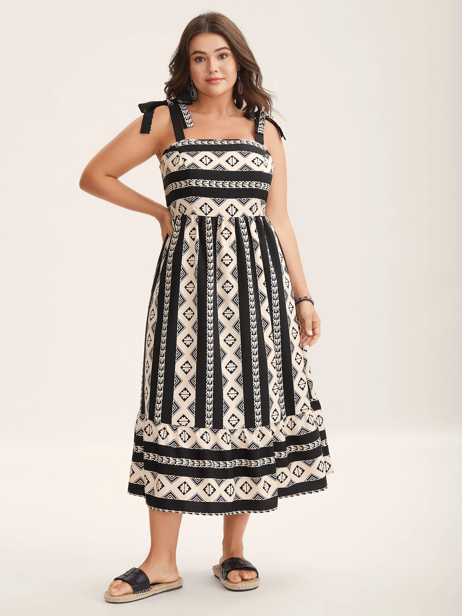Boho Stripes Bow Pockets Midi Dress - Image 3