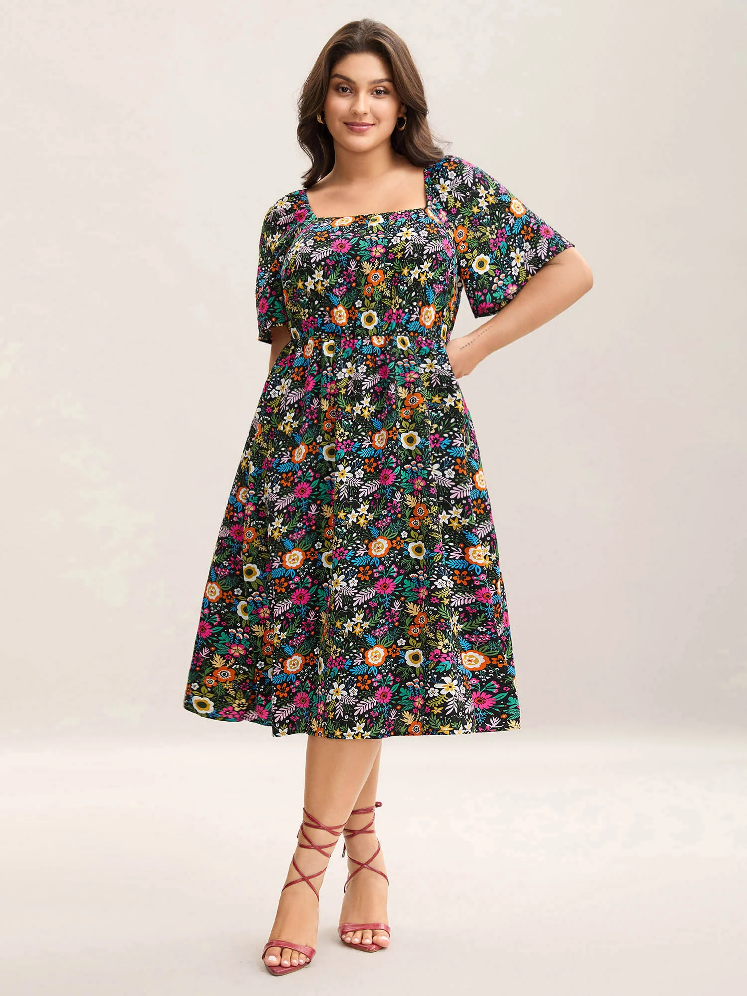 Bold Floral Print Pockets Midi Dress - Image 3