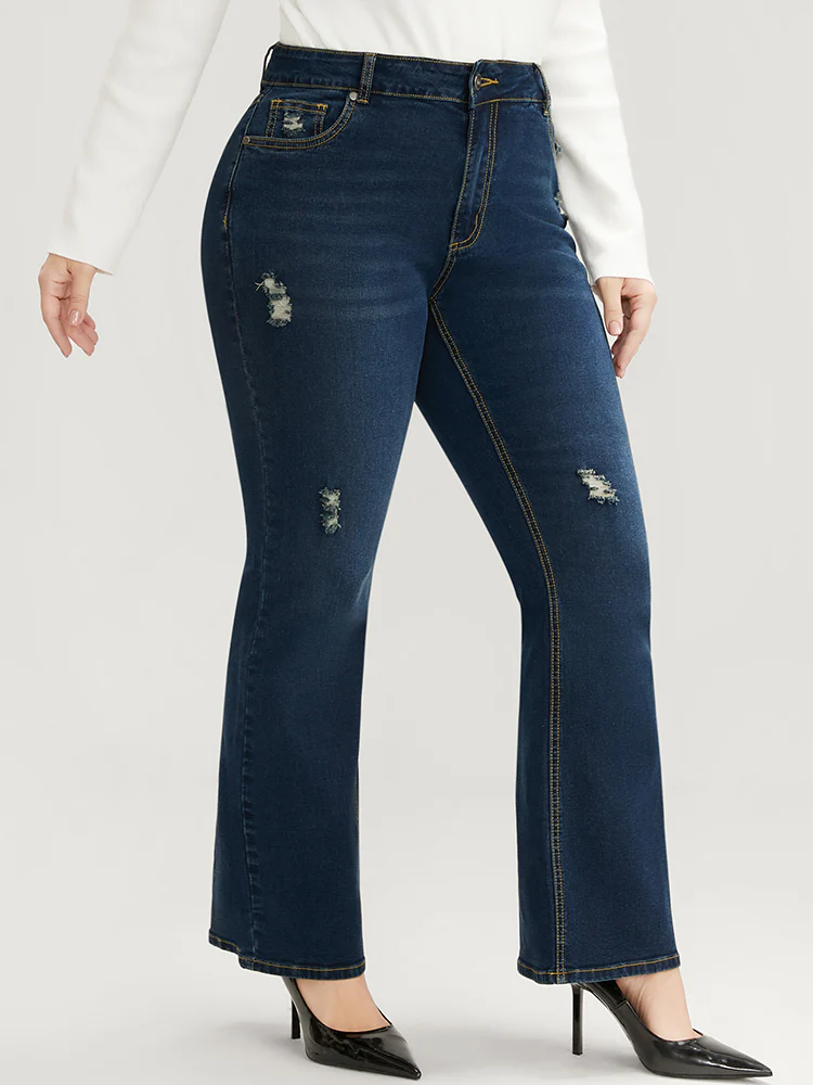 Bootcut Slightly Stretchy High Rise Dark Wash Distressed Jeans - Image 2