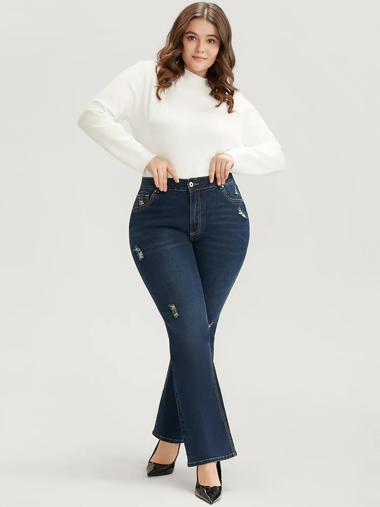 Bootcut Slightly Stretchy High Rise Dark Wash Distressed Jeans - Image 3