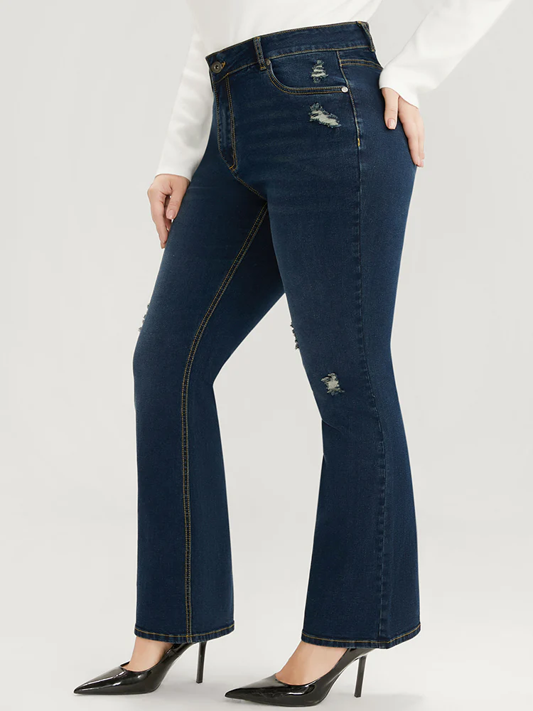 Bootcut Slightly Stretchy High Rise Dark Wash Distressed Jeans - Image 4