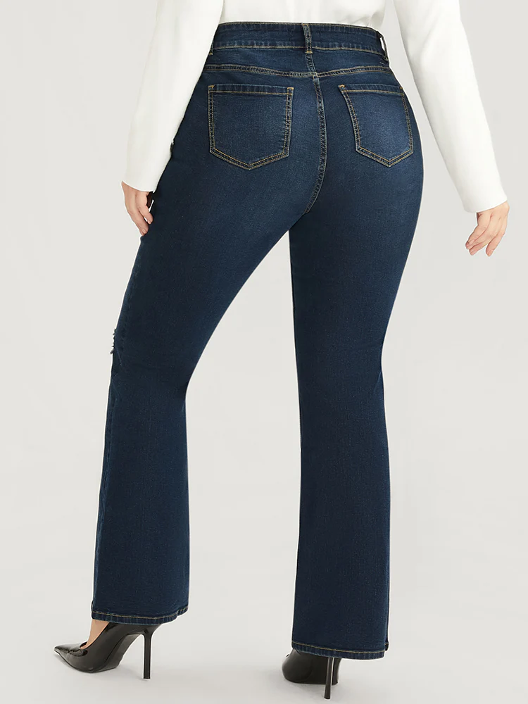 Bootcut Slightly Stretchy High Rise Dark Wash Distressed Jeans - Image 5