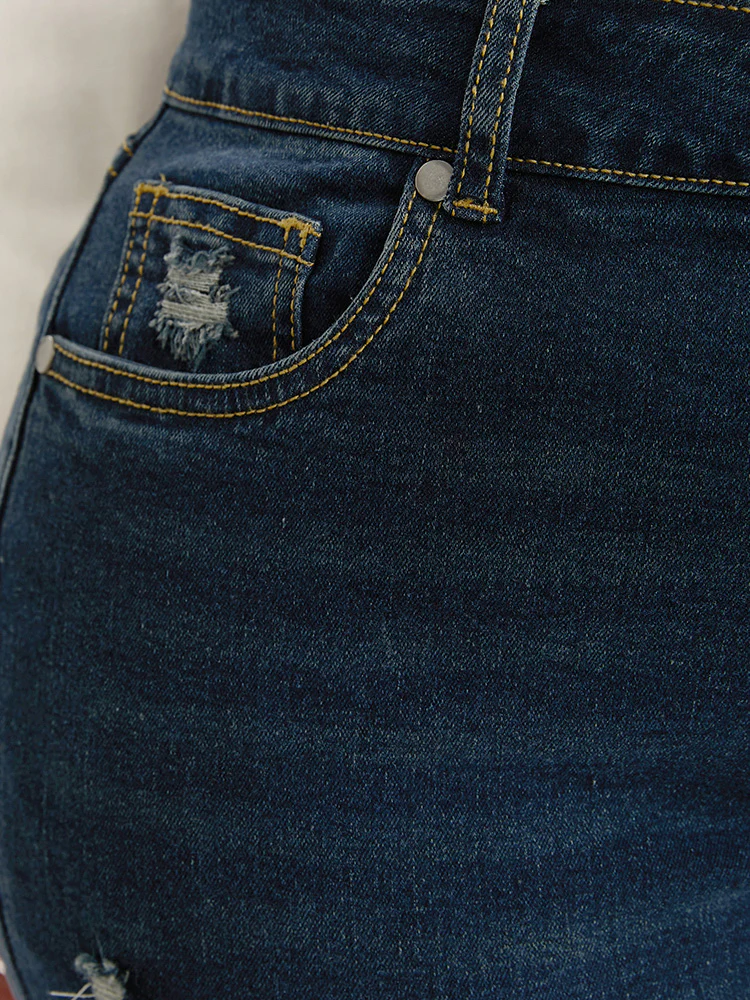 Bootcut Slightly Stretchy High Rise Dark Wash Distressed Jeans - Image 6