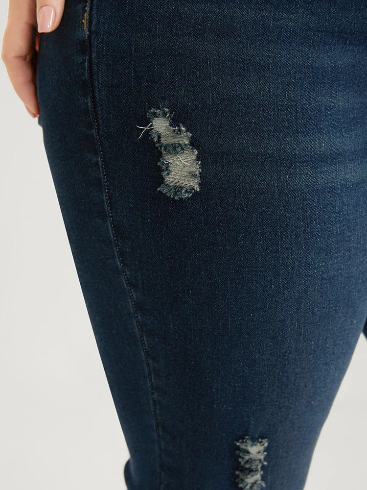 Bootcut Slightly Stretchy High Rise Dark Wash Distressed Jeans - Image 7