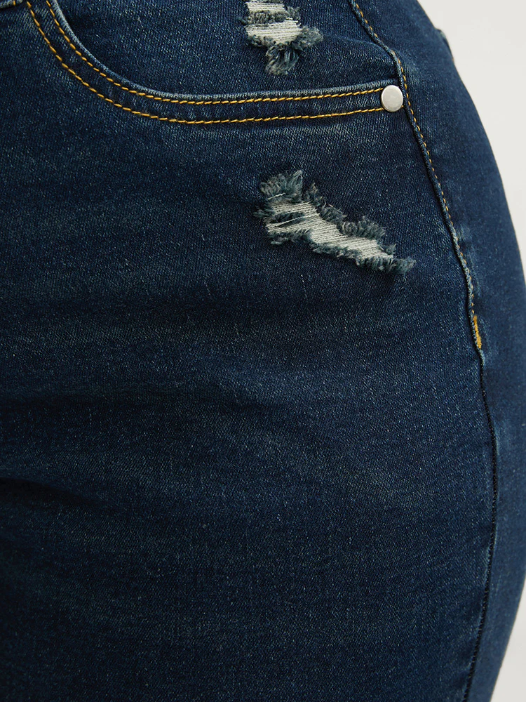 Bootcut Slightly Stretchy High Rise Dark Wash Distressed Jeans - Image 8