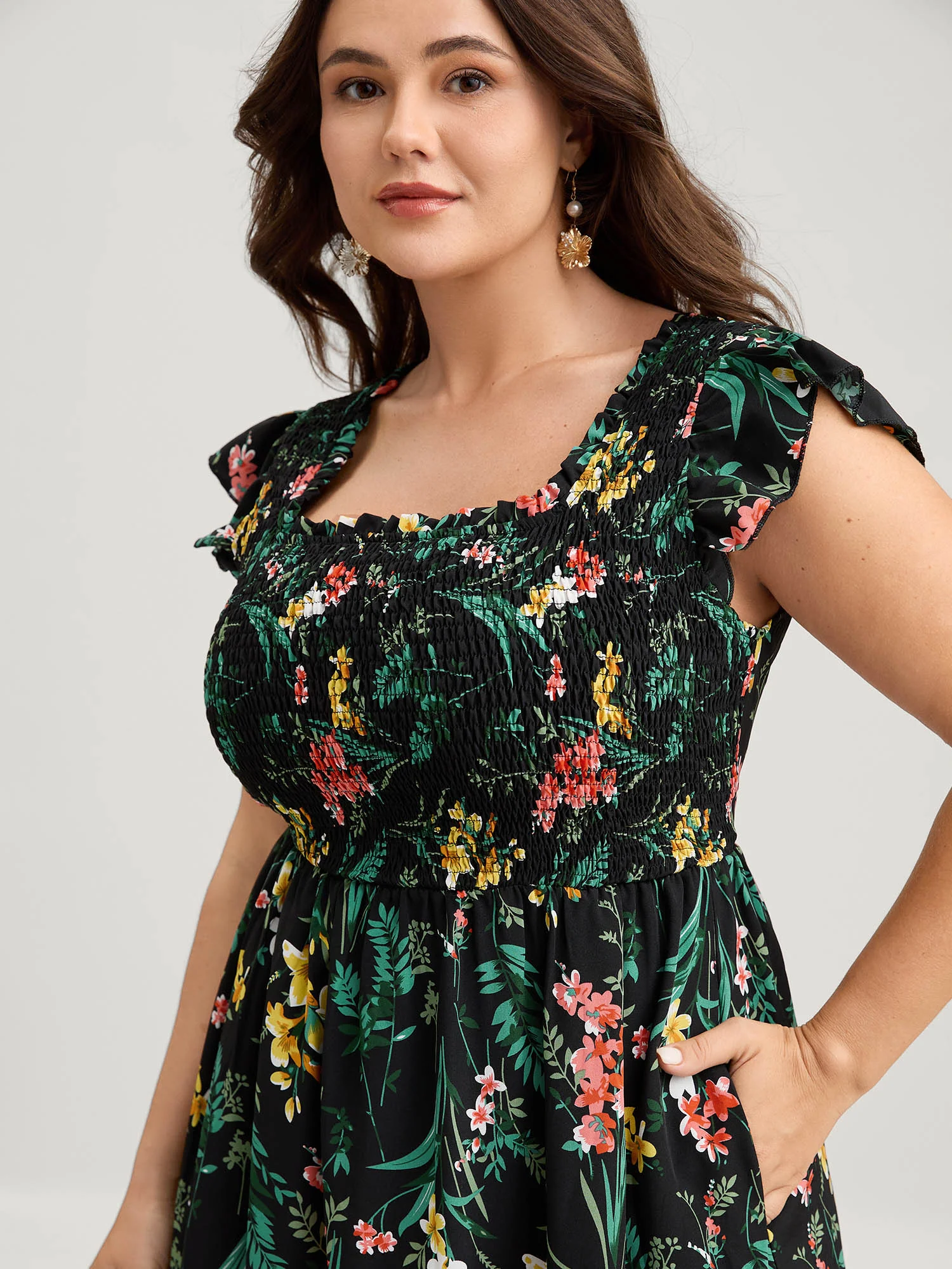 Botanical Print Shirred Bodice Midi Dress - Image 2