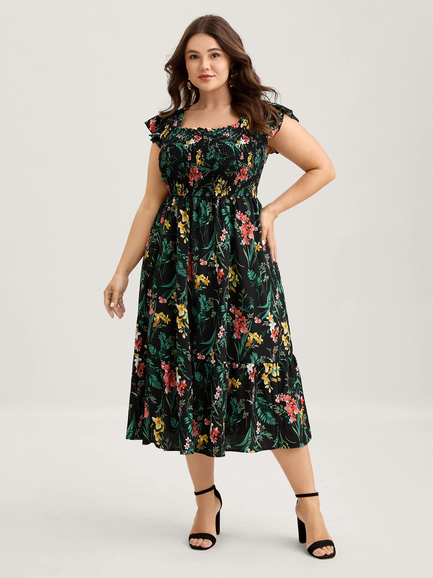 Botanical Print Shirred Bodice Midi Dress - Image 3