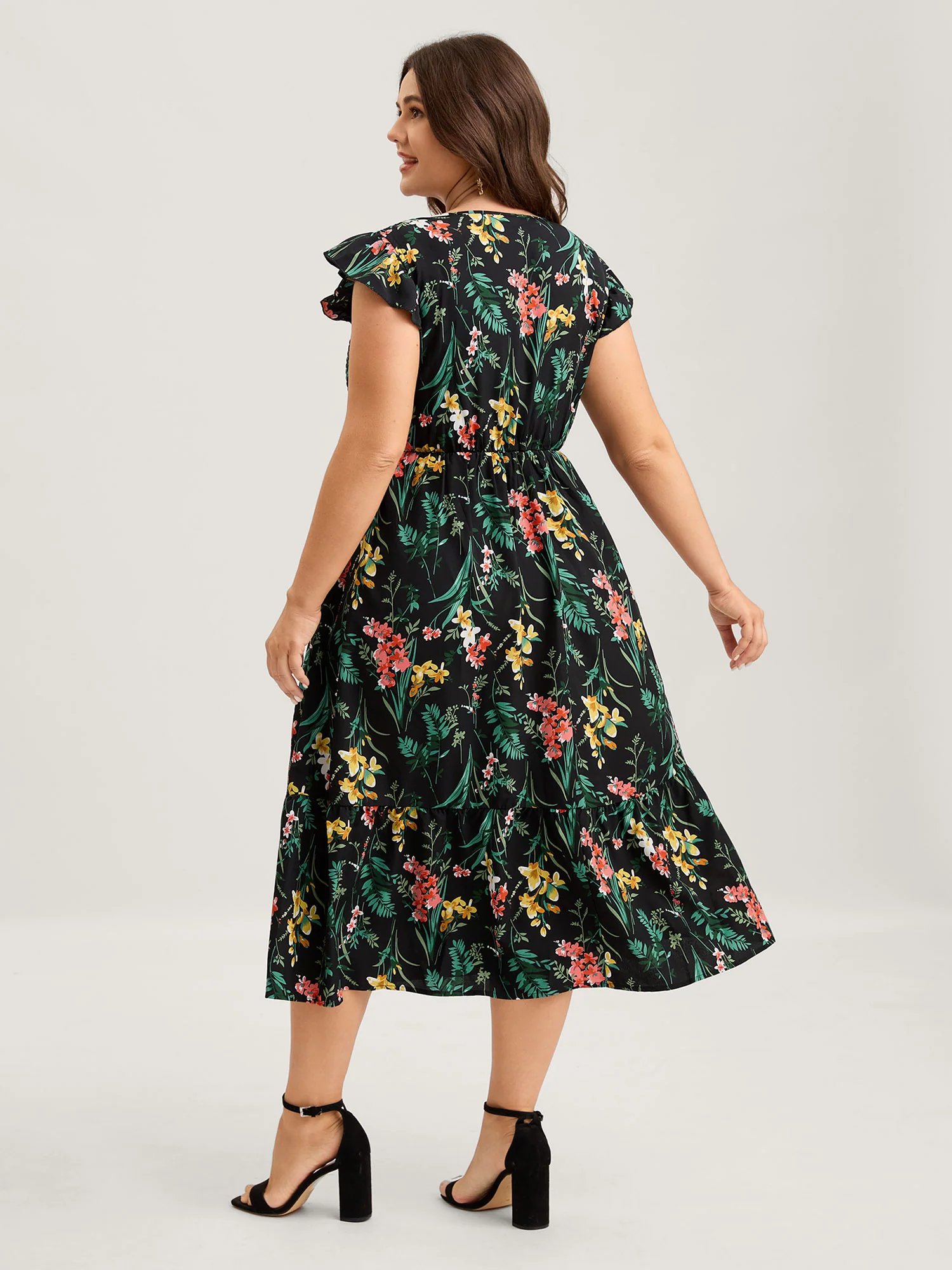Botanical Print Shirred Bodice Midi Dress - Image 4