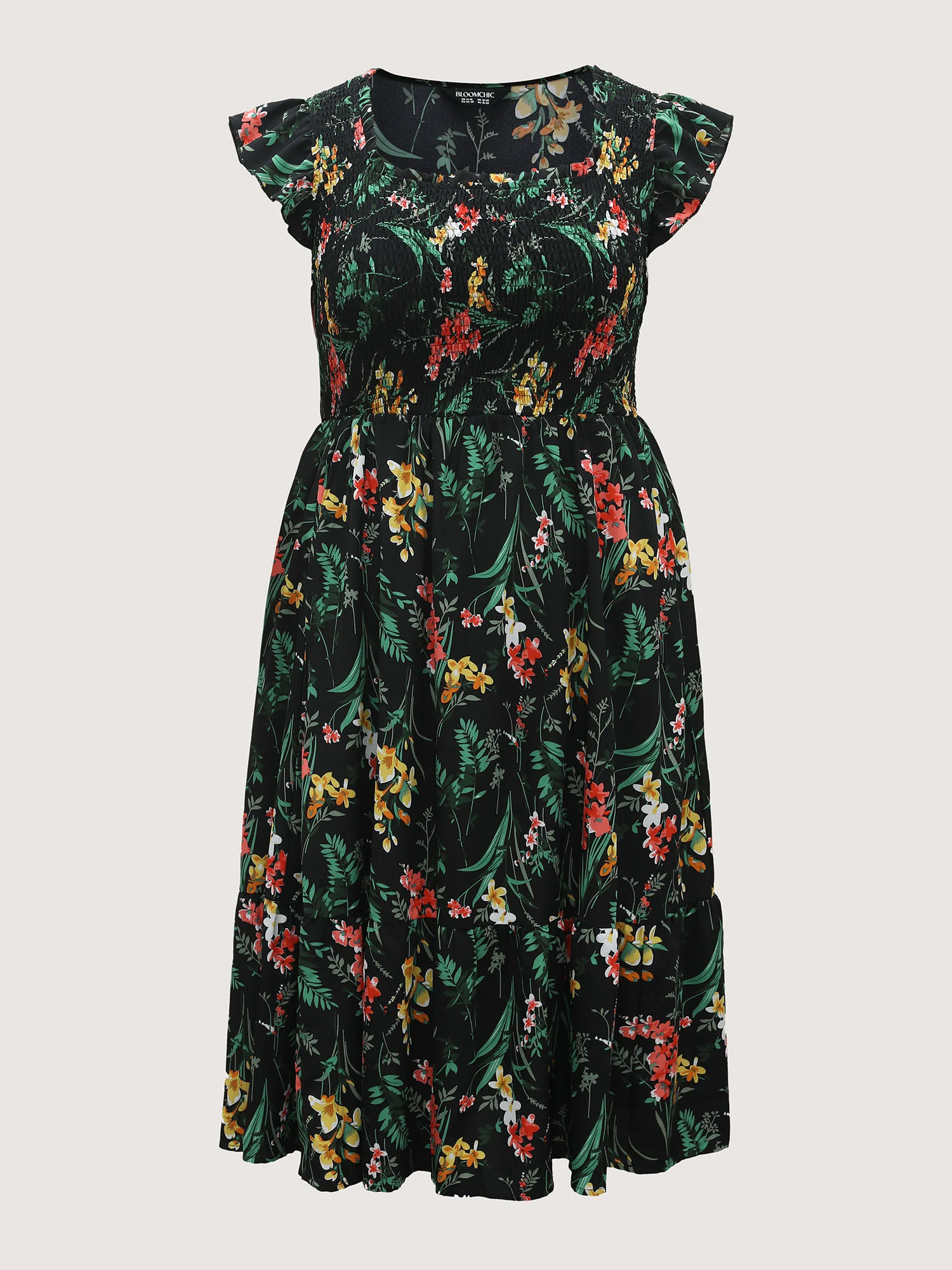 Botanical Print Shirred Bodice Midi Dress - Image 7