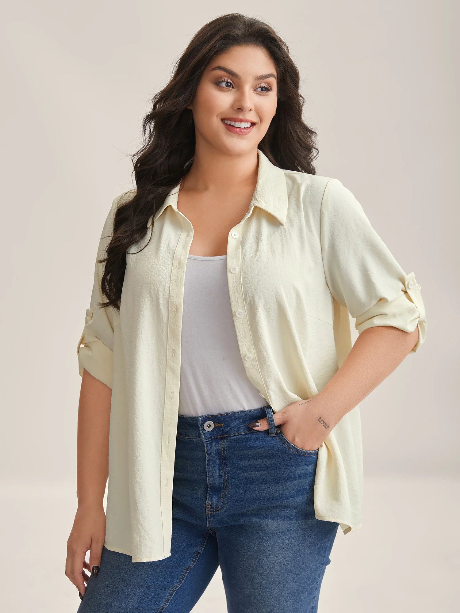 Bow Back Button Placket Solid Blouse - Image 2