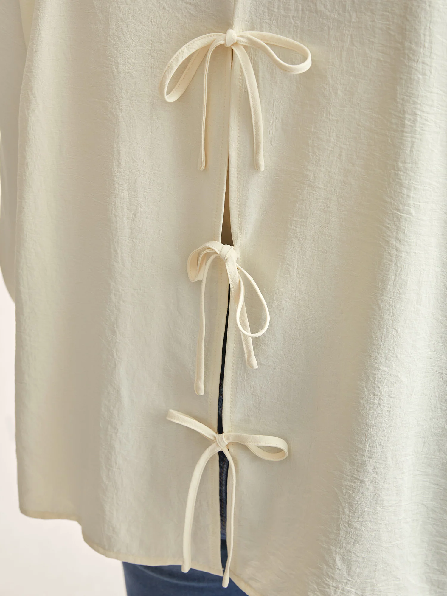Bow Back Button Placket Solid Blouse - Image 5