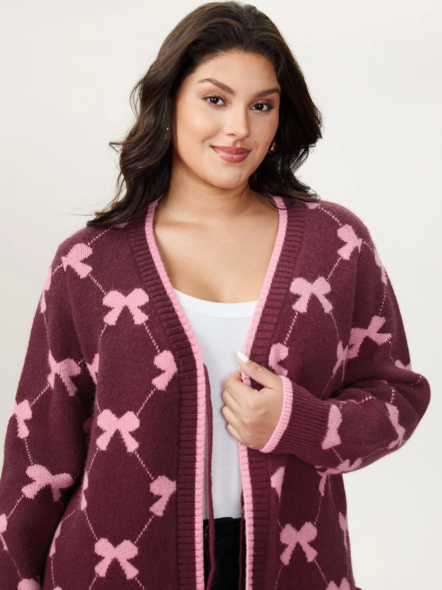 Bow Beautiful Jacquard Front-Tie Knit Cardigan - Image 3