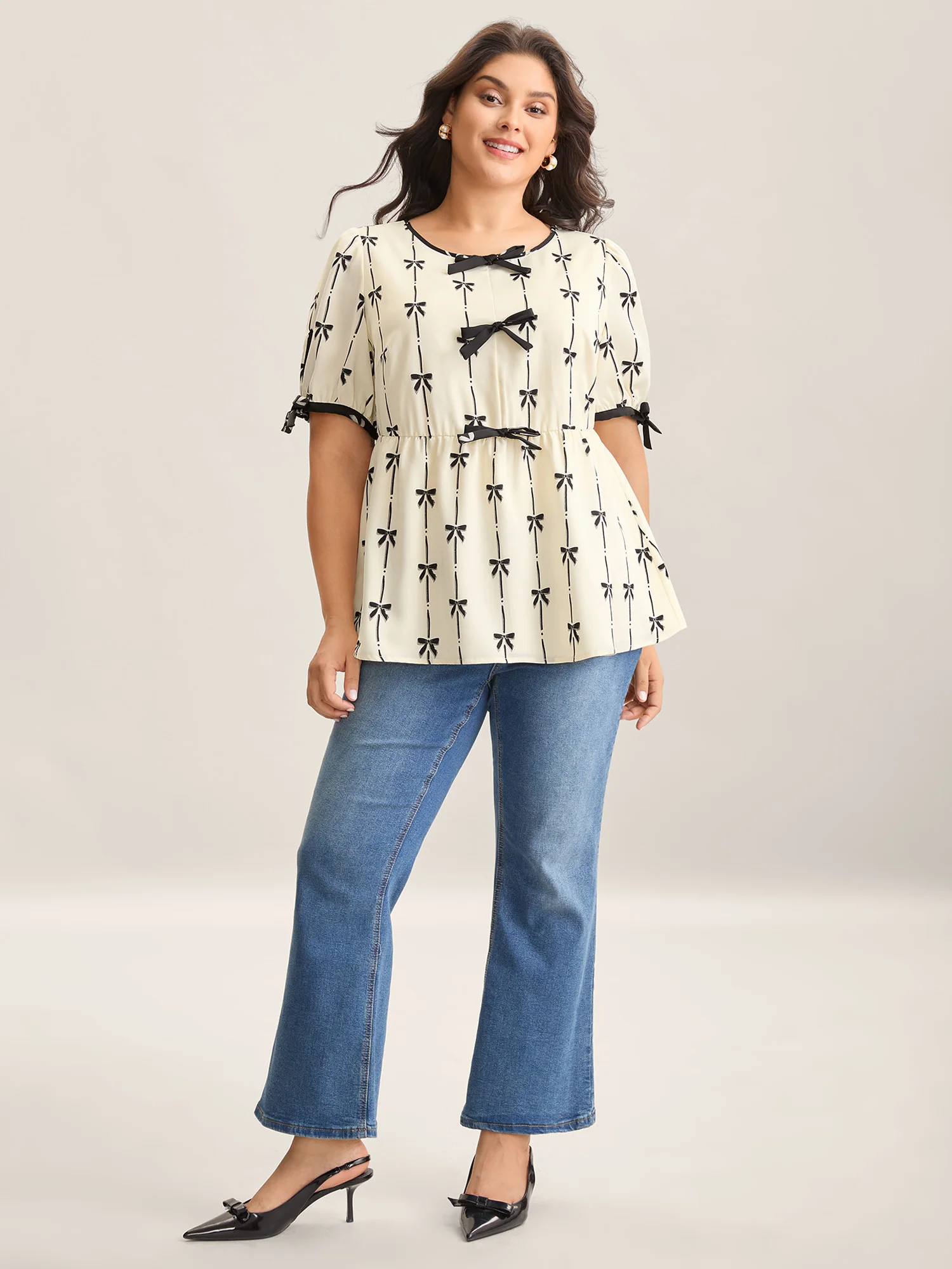 Bow Detail Printed Color Contrast Blouse - Image 3