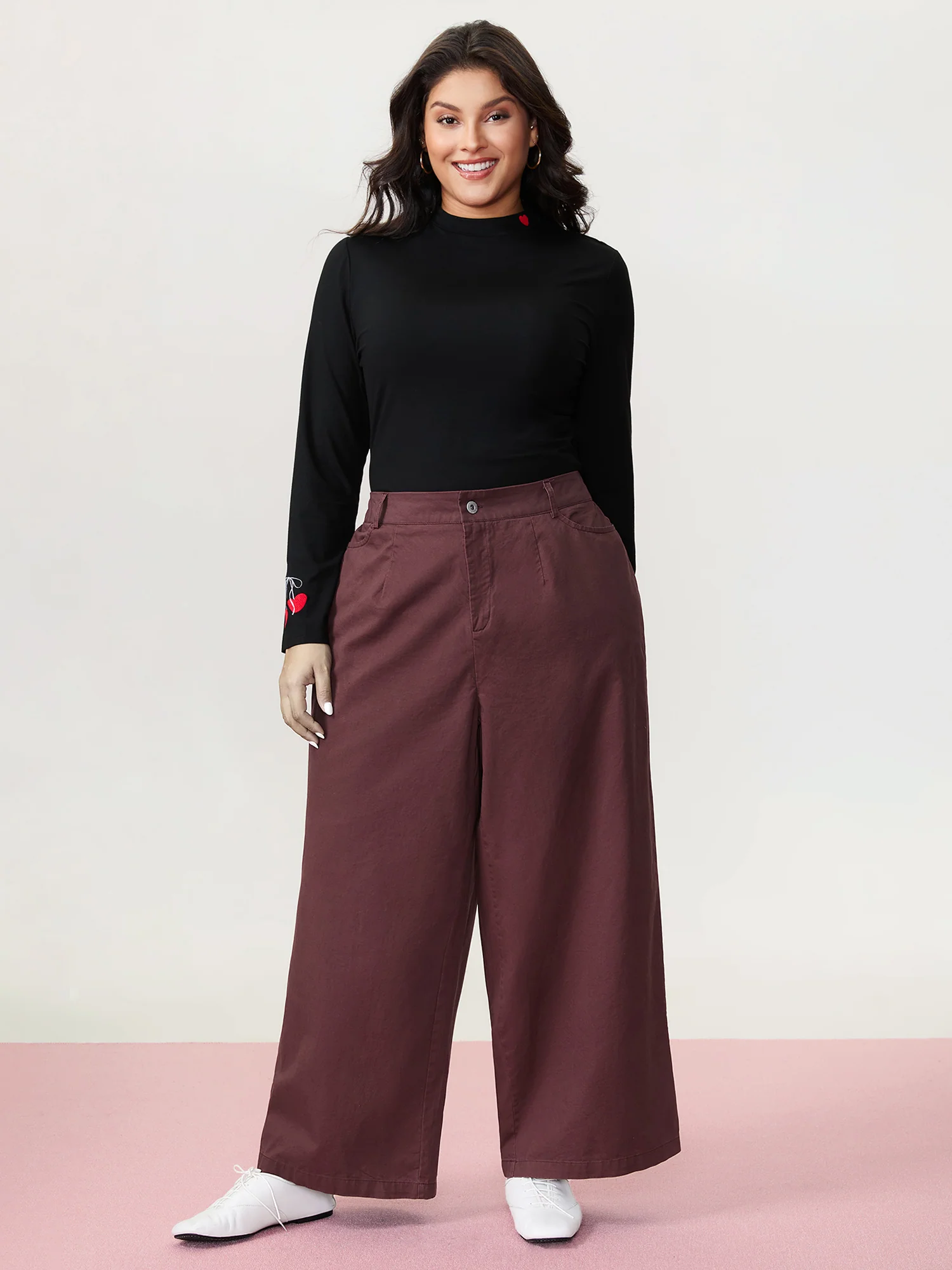 Cotton Bow Embroidery Pockets Plain Pants - Image 2