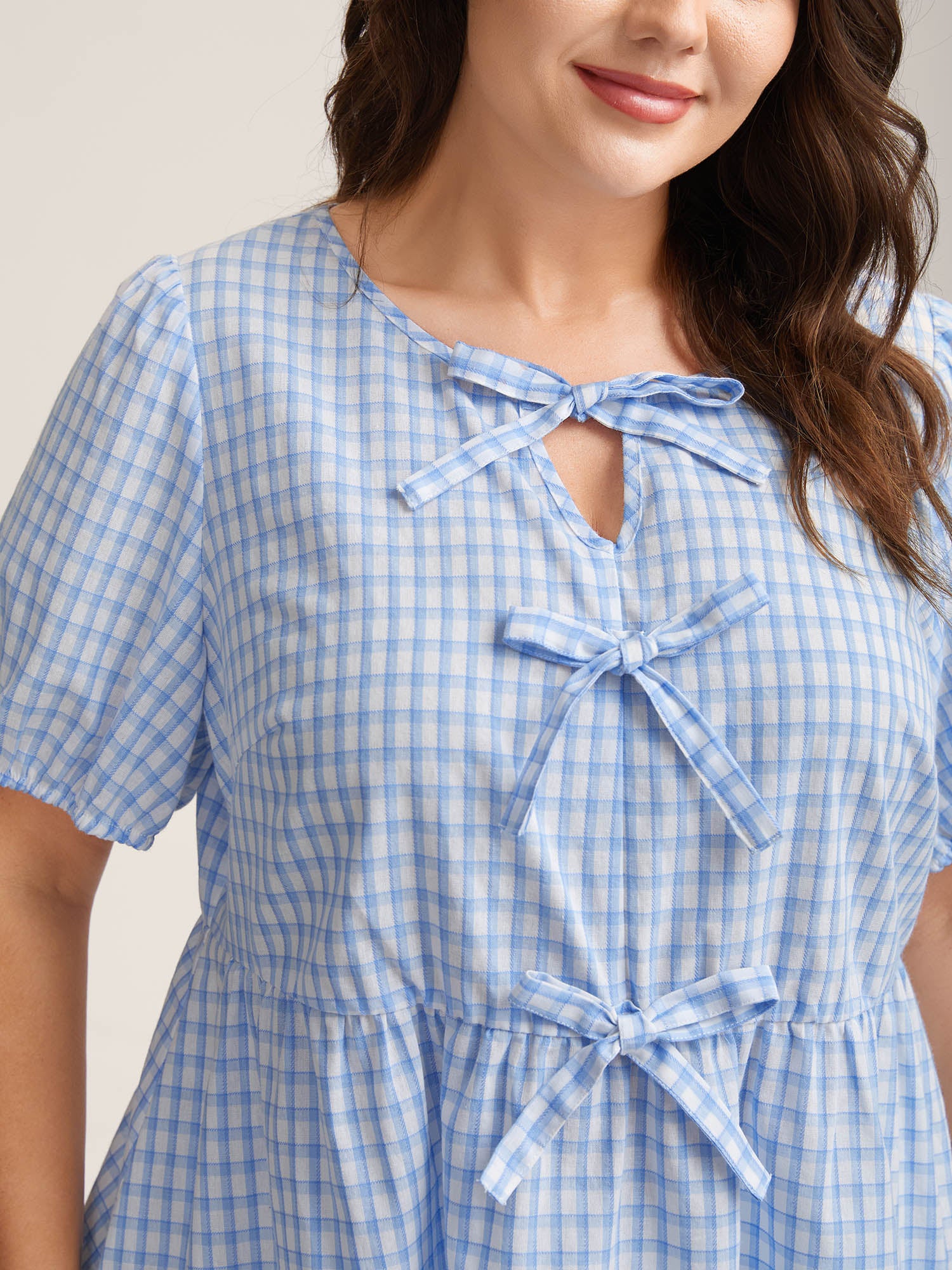 Bow Front Plaid Print Babydoll Top - Image 2