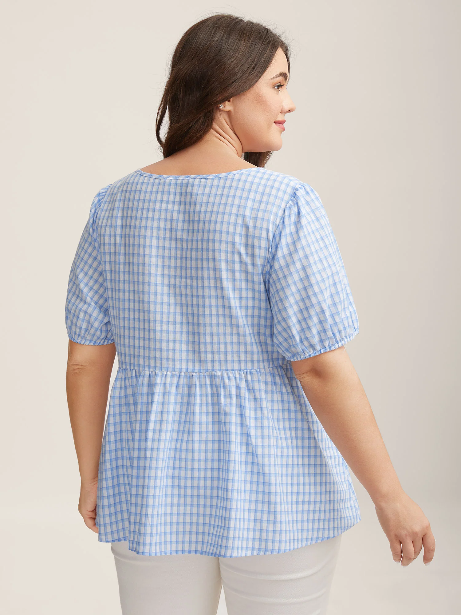 Bow Front Plaid Print Babydoll Top - Image 3