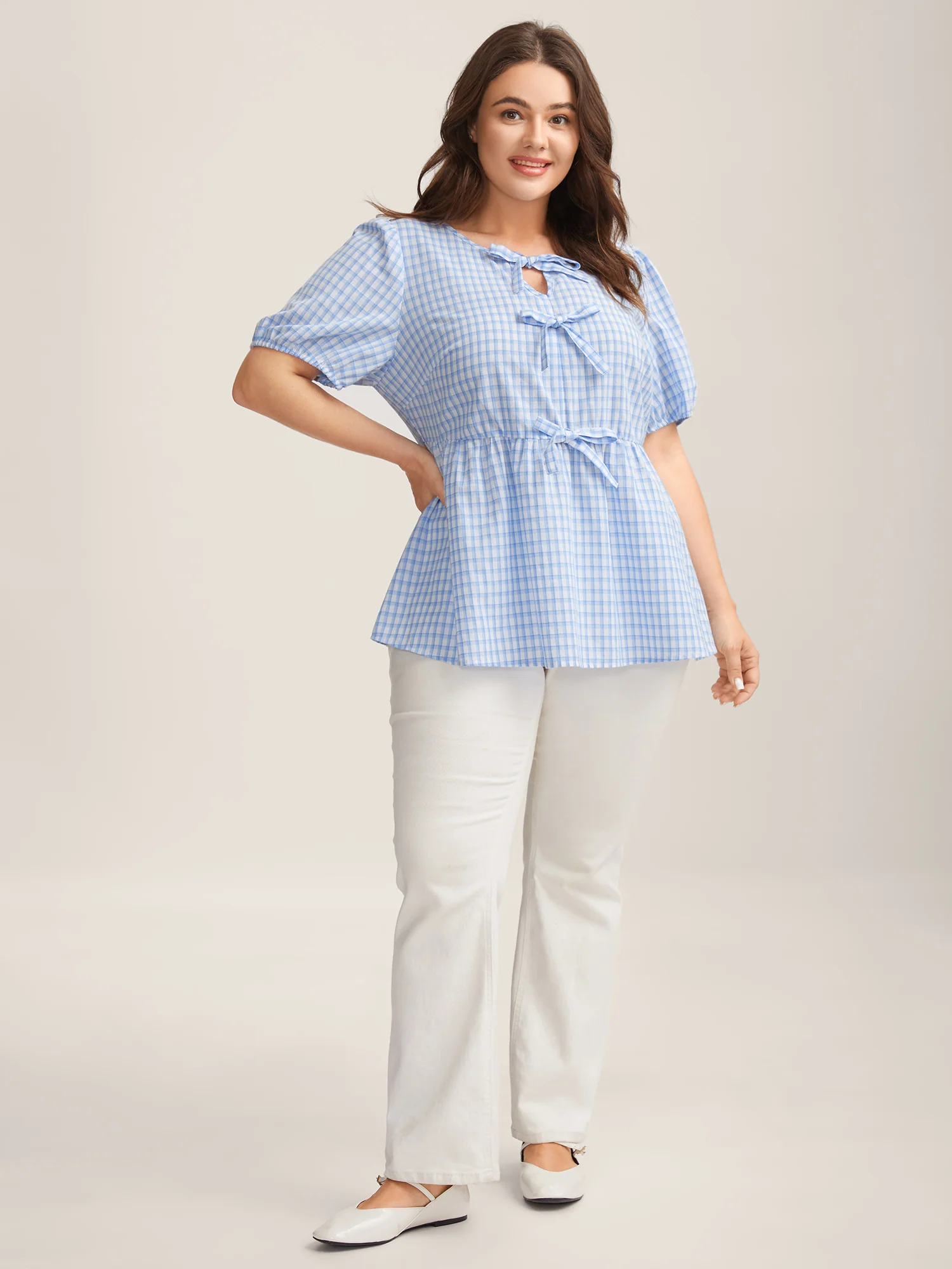 Bow Front Plaid Print Babydoll Top - Image 4