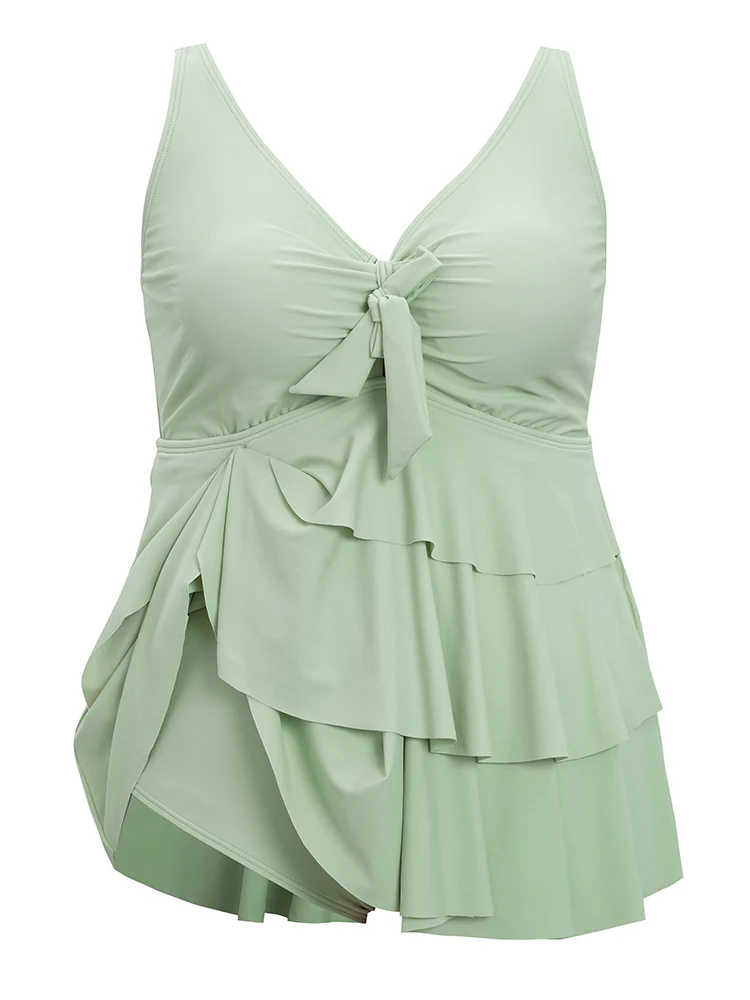 Bow Front Ruched Ruffle Tiered Adjustable Straps One Piece Swimsuit - Image 11