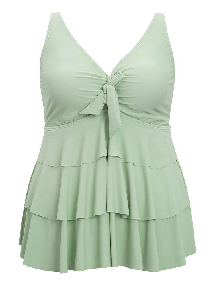 Bow Front Ruched Ruffle Tiered Adjustable Straps One Piece Swimsuit - Image 12