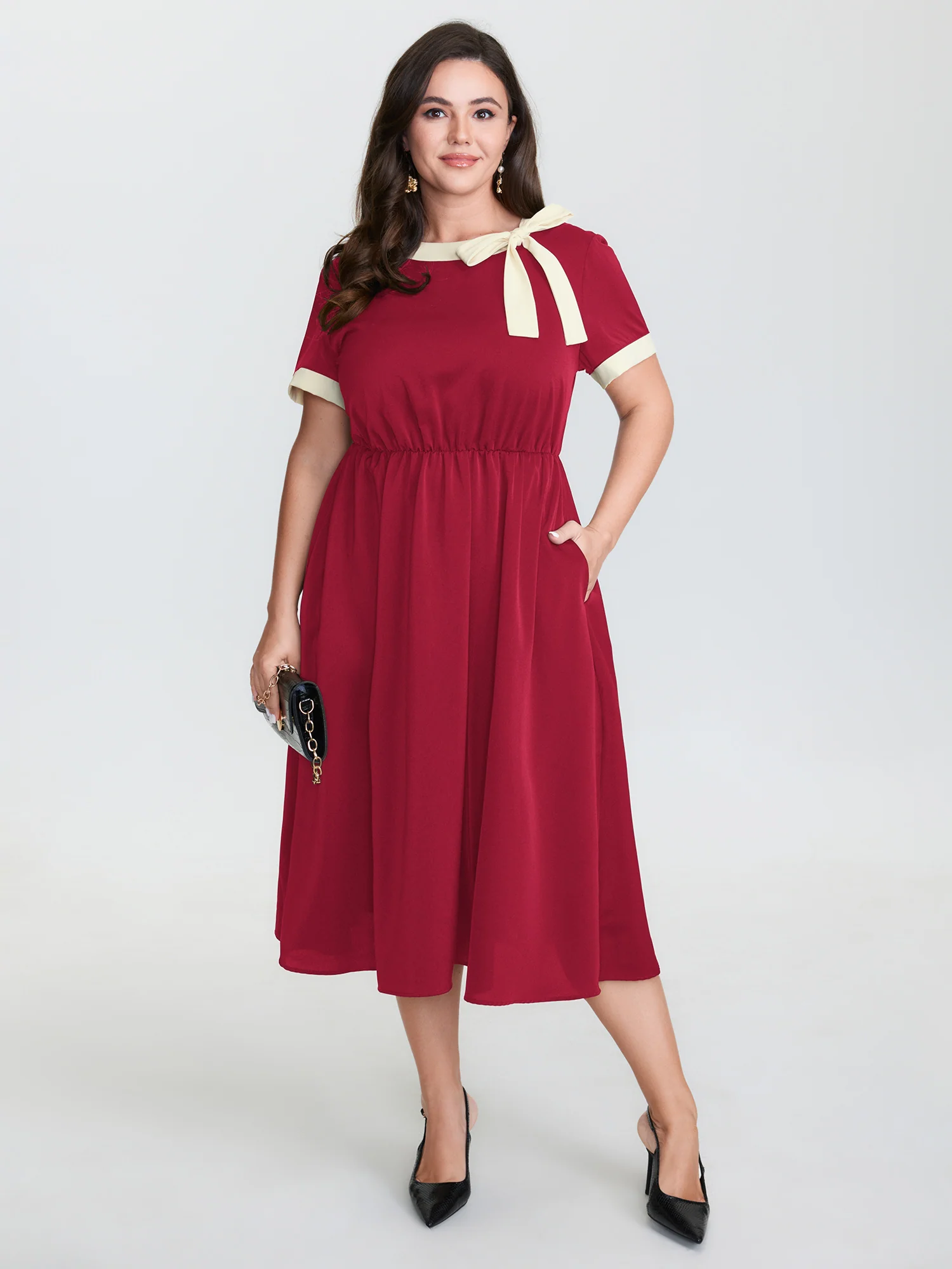 Bow Neckline Stretchy Waist Midi Dress - Image 10