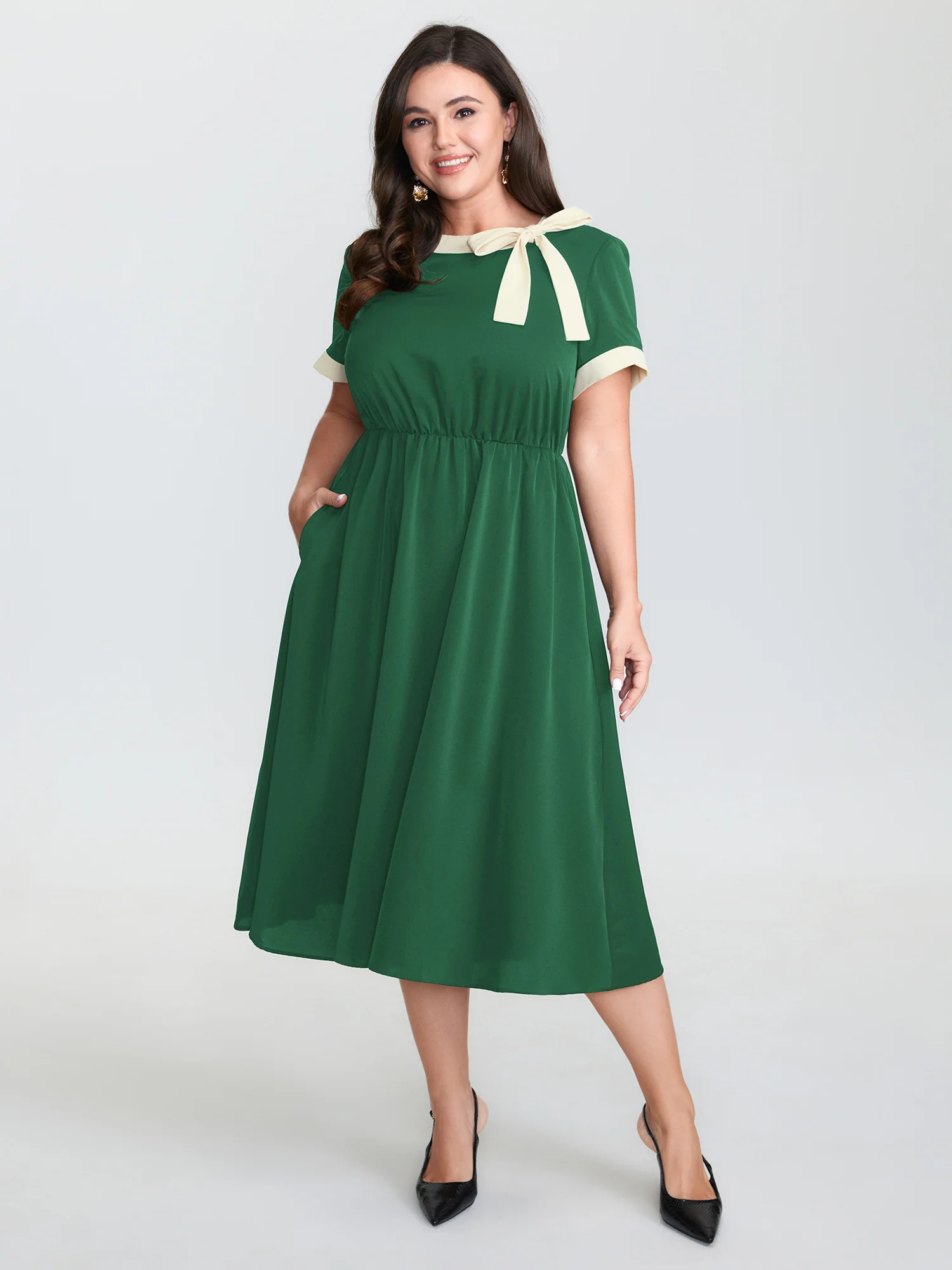 Bow Neckline Stretchy Waist Midi Dress - Image 12