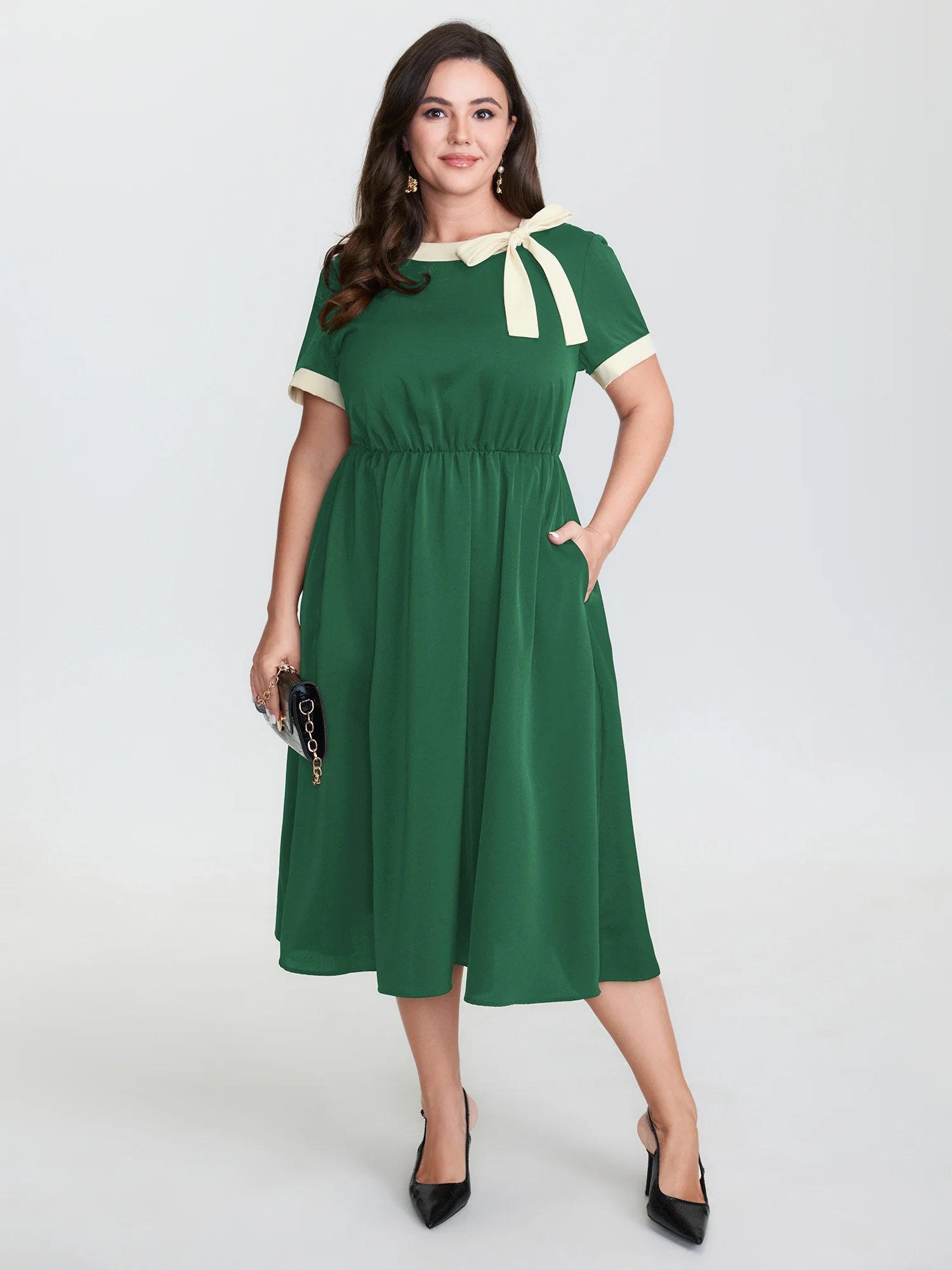Bow Neckline Stretchy Waist Midi Dress - Image 14