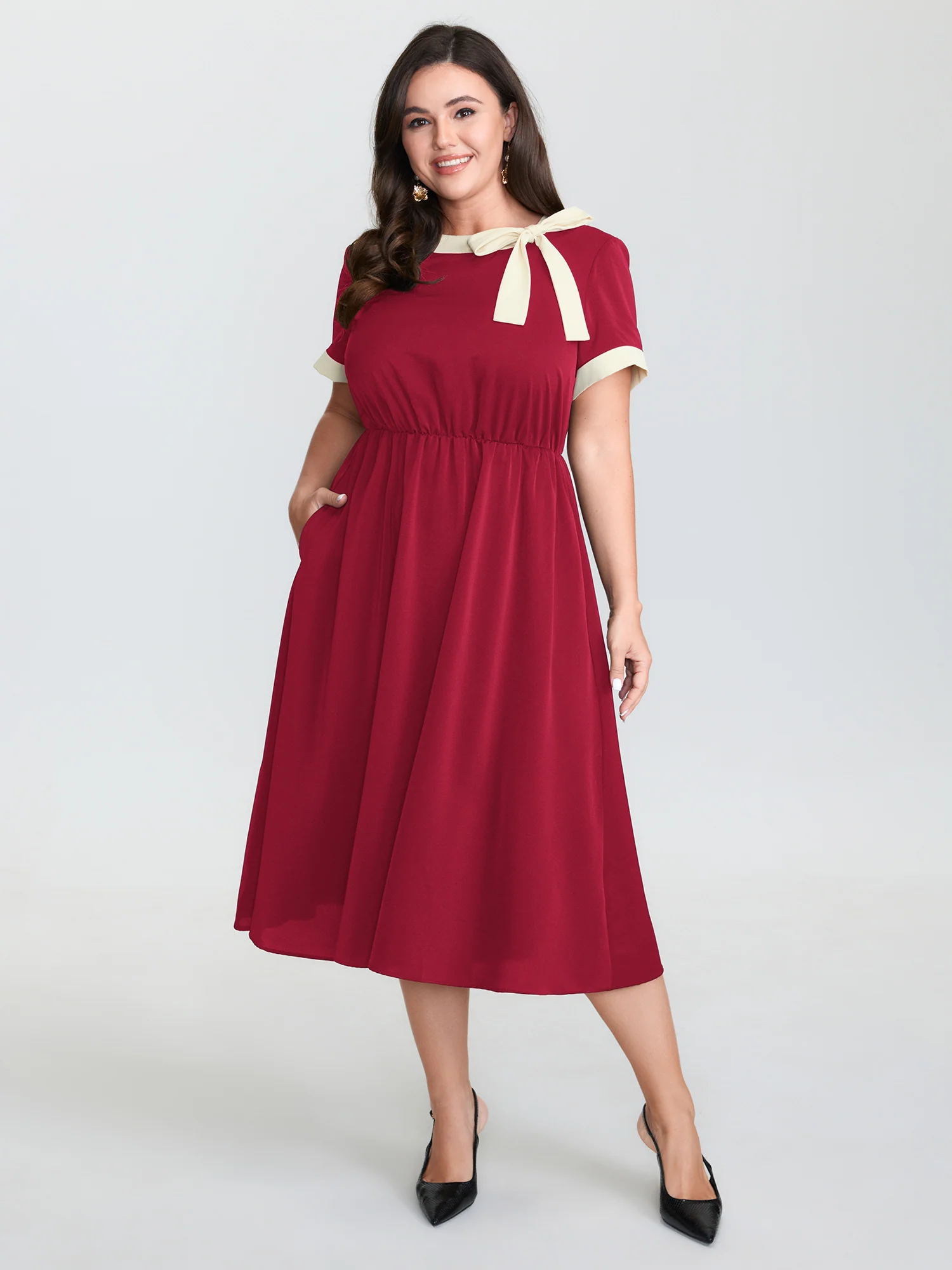 Bow Neckline Stretchy Waist Midi Dress - Image 8