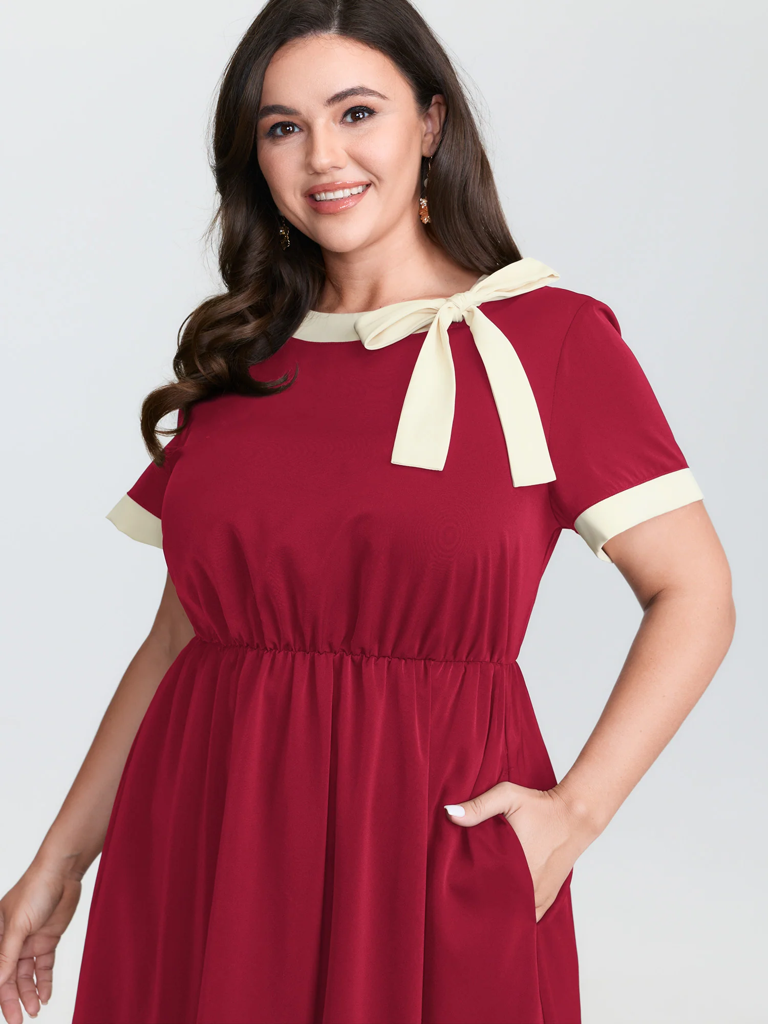 Bow Neckline Stretchy Waist Midi Dress - Image 9
