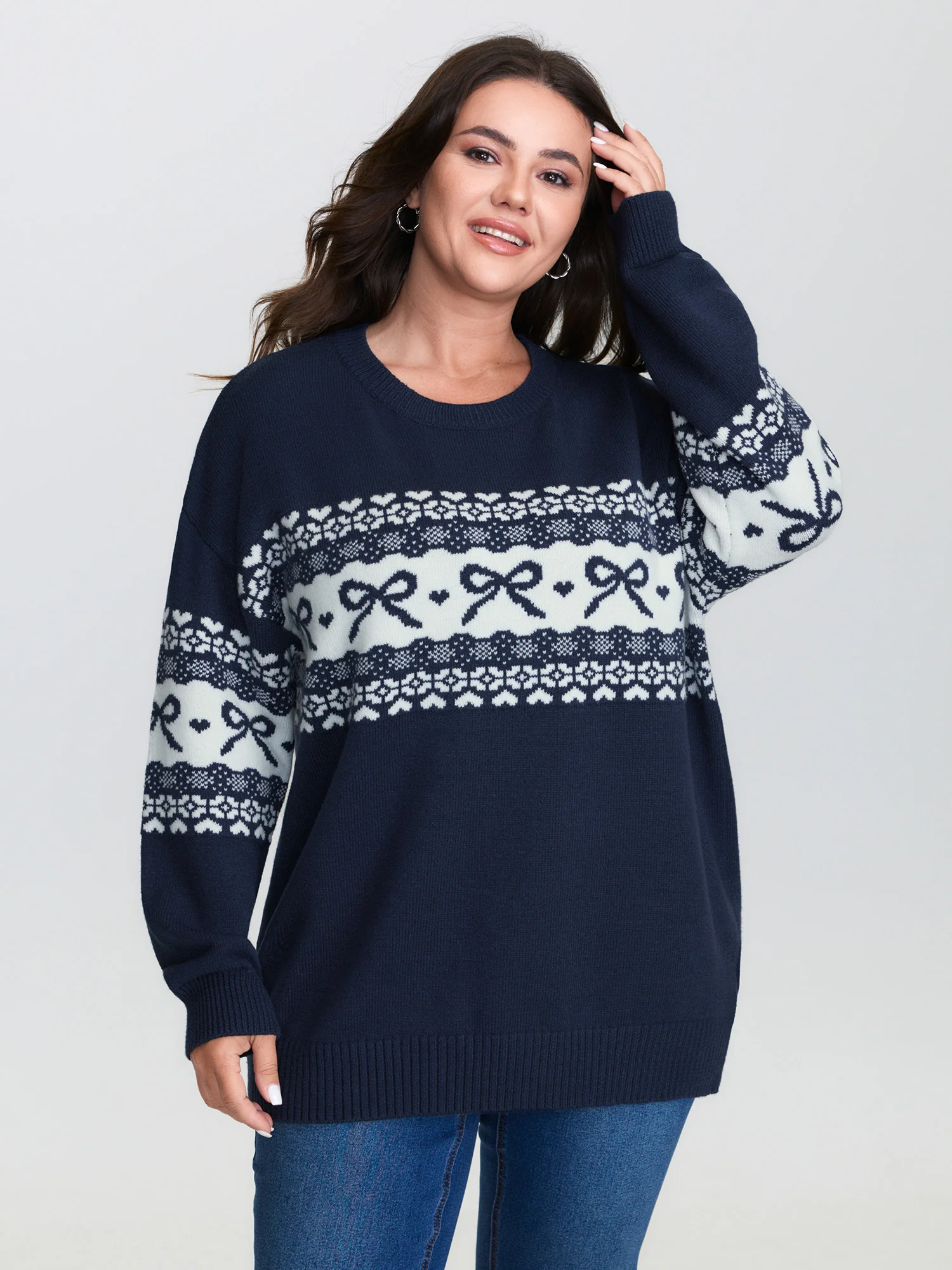 Supersoft Bow Pattern Jacquard Blend Pocket Pullover - Image 2